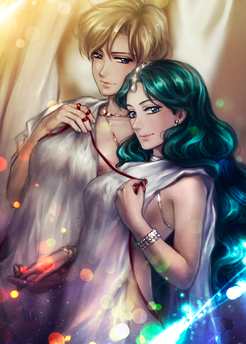 2girls bishoujo_senshi_sailor_moon blonde_hair bracelet breasts cleavage clothing elena_ivlyushkina female female_only green_hair haruka_tenou holding_hands jewelry michiru_kaiou multiple_girls nipple_slip nipples red_string robe sideboob smile string yuri