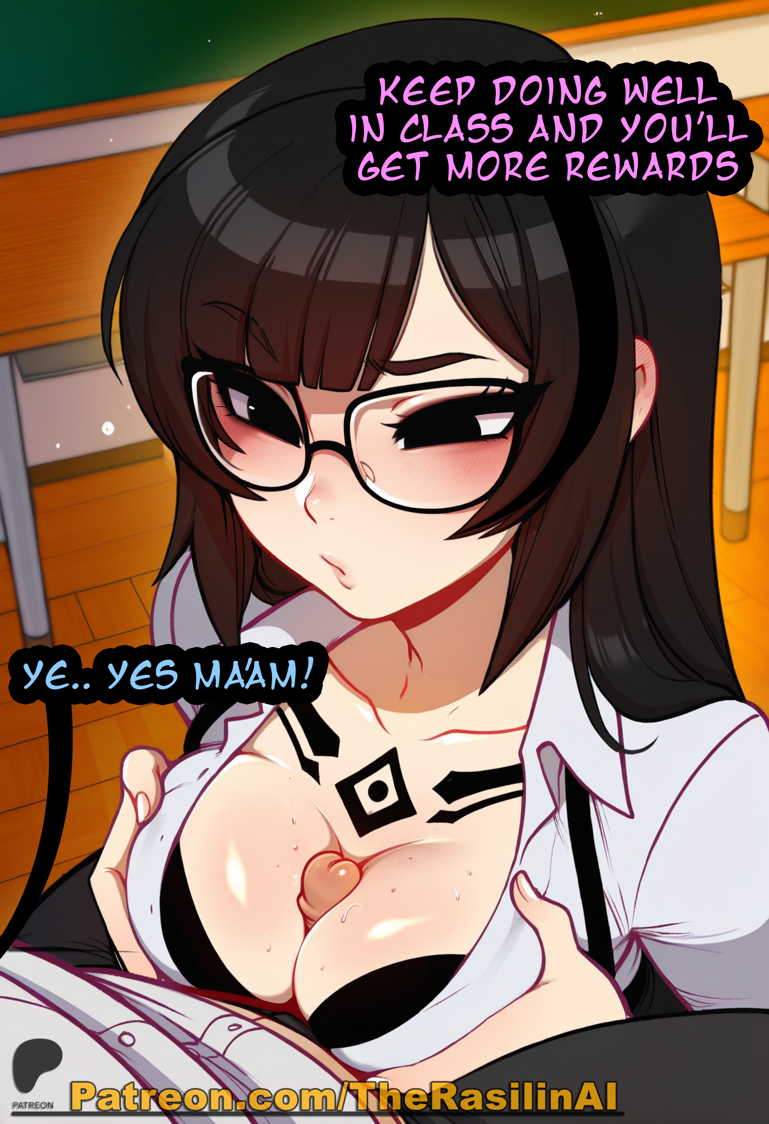1boy, 1girls, ai generated, black eyes, black hair, blush, boobjob, breasts, chest tattoo, cleavage, english, english text, female, glasses, lips, male, medium breasts, paizuri, paizuri under clothes, rasilinai, reward, stable diffusion, student, sweat, tagme, tattoo, teacher, teacher and student, text