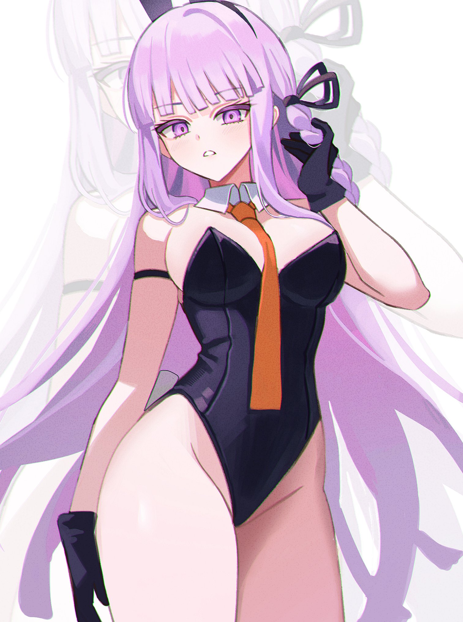 1girls, alternate breast size (larger), animal ear hairband, animal ears, black gloves, breasts, bunny ears, bunny girl, bunny tail, bunnysuit, danganronpa, danganronpa (series), danganronpa: trigger happy havoc, fake animal ears, female, female only, gloves, hairband, highres, keke (xfxyuio), kirigiri kyoko, kirigiri kyouko, large breasts, long hair, looking at viewer, necktie, orange necktie, purple eyes, purple hair, rabbit ear hairband, rabbit ears, revealing clothes, revision, thick thighs, thighs