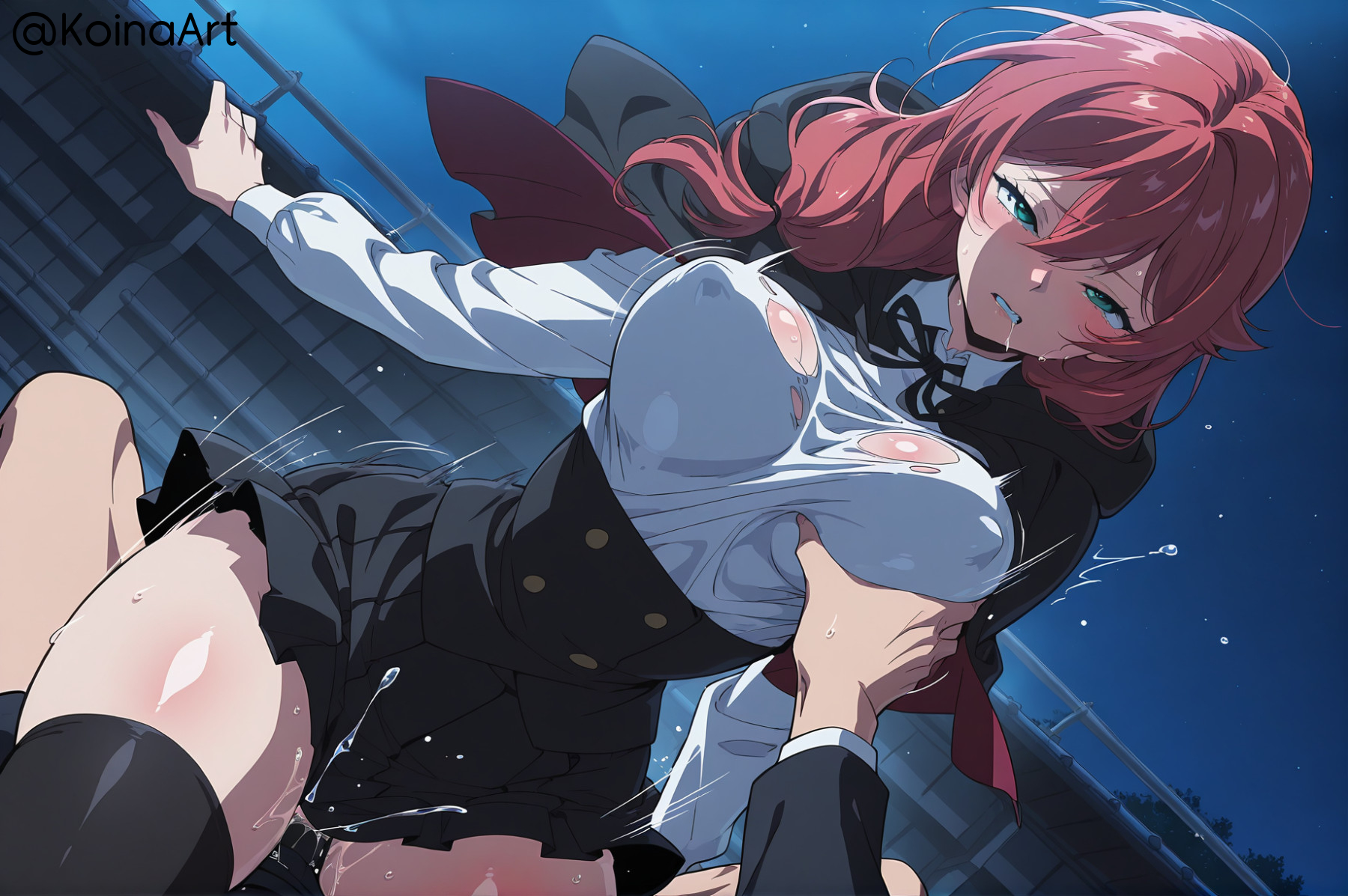ai generated, big breasts, boob grab, breast grab, breasts, clenched teeth, cowgirl, cowgirl position, eyes rolling back, female, koinaart, lortelle kecheln, patreon, perky breasts, pov, red hair, rooftop, school uniform, sex, skirt, stable diffusion, the extra's academy survival guide, thick thighs