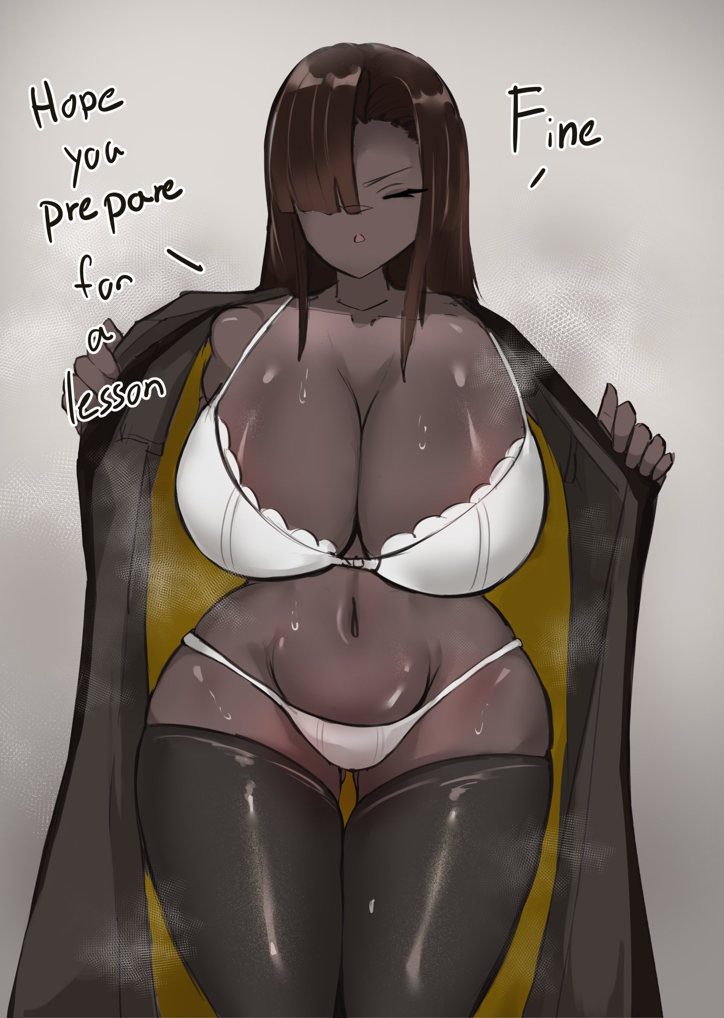 1girls, big breasts, bra, breasts, chama.d, cleavage, dark skin, dark-skinned female, english text, female, female only, hair over one eye, huge breasts, limbus company, long hair, navel, one eye covered, project moon, solo, sweat, thighhighs, underwear, white bra, white panties, wide hips, zilu (limbus company)