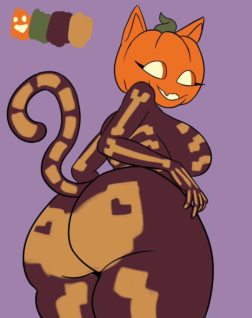 1girls, 2025, anthro, ass, ass focus, boobfan06, cat ears, cat girl, cat tail, epic games, female, fortnite, fortnite: battle royale, furaffinity, halloween, hi res, holidays, looking at viewer, pumpkin, pumpkin head, purple background, simple background, skeleton, smile, solo, solo female, spice (fortnite), tail, thick thighs, thighs