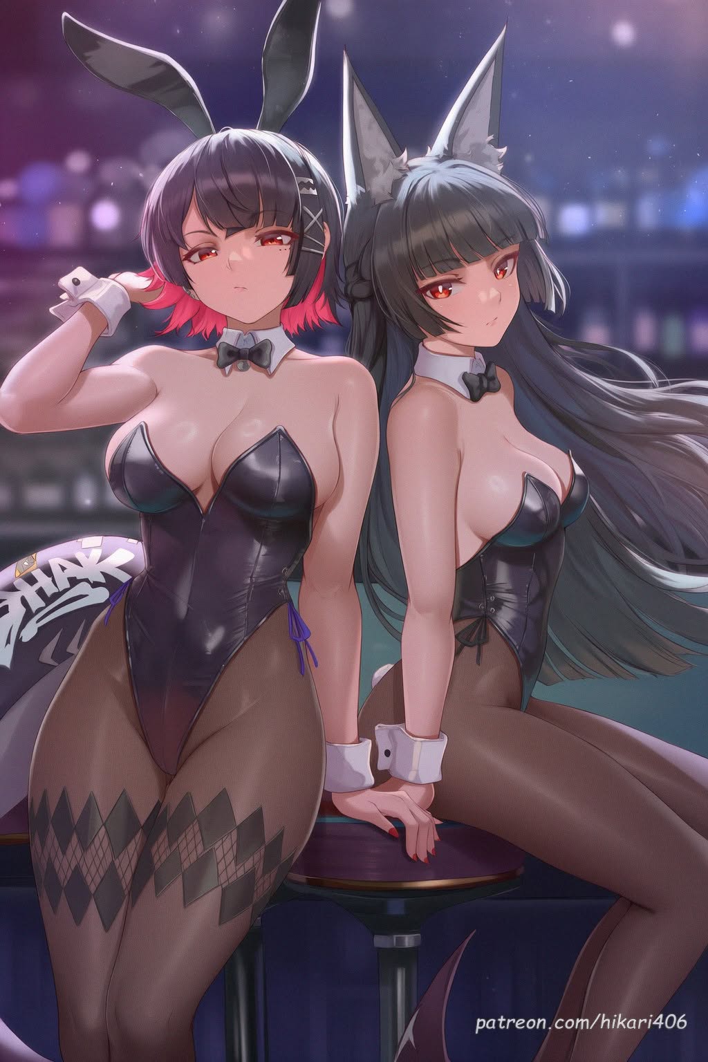 2girls, ai generated, animal ear fluff, animal ears, bare shoulders, black bow, black bowtie, black hair, black leotard, blunt bangs, blurry, blurry background, bow, bowtie, breasts, brown pantyhose, cleavage, closed mouth, colored inner hair, covered navel, detached collar, ellen joe, fake animal ears, female, hair ornament, highleg, highleg leotard, hikari406, hoshimi miyabi, large breasts, leotard, long hair, looking at viewer, medium breasts, multicolored hair, multiple females, multiple girls, nail polish, pantyhose, pink hair, playboy bunny, rabbit ears, red eyes, red hair, red nails, short hair, sitting, stool, strapless, strapless leotard, two-tone hair, uncensored, wrist cuffs, x hair ornament, zenless zone zero