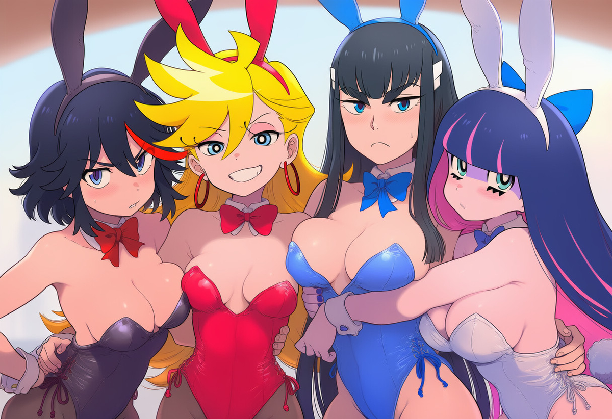 ai generated, big breasts, blue eyes, bowtie, breasts, bunny ears, bunnysuit, crossover, female, group hug, kill la kill, kiryuuin satsuki, leotard, matoi ryuuko, nspdld, panty & stocking with garterbelt, panty anarchy, pantyhose, simple background, sisters, stocking anarchy, upper body