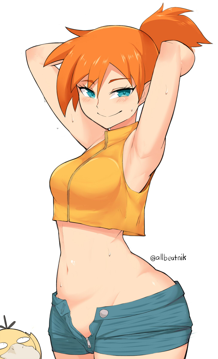 1girls, allbeatnik, aqua eyes, armpits, arms behind head, arms up, asymmetrical hair, bare arms, blue eyes, blue shorts, blush, bottom heavy, breasts, closed mouth, confident, cowboy shot, crop top, denim, denim shorts, female, female focus, gen 1 pokemon, green eyes, groin, gym leader, hair tie, highres, jeans, kasumi (pokemon), large breasts, looking at viewer, medium breasts, midriff, navel, nintendo, open clothes, open fly, open shorts, orange hair, pants, pokemon, pokemon: the electric tale of pikachu, ponytail, psyduck, seductive, seductive look, seductive smile, sensual, sexy, sexy armpits, sexy pose, shirt, short hair, short shorts, shorts, side ponytail, simple background, sleeveless, sleeveless shirt, smile, solo, suspender shorts, suspenders, sweat, tank top, thick thighs, thighs, twitter username, unzipped, white background, yellow shirt, zipper, zipper pull tab