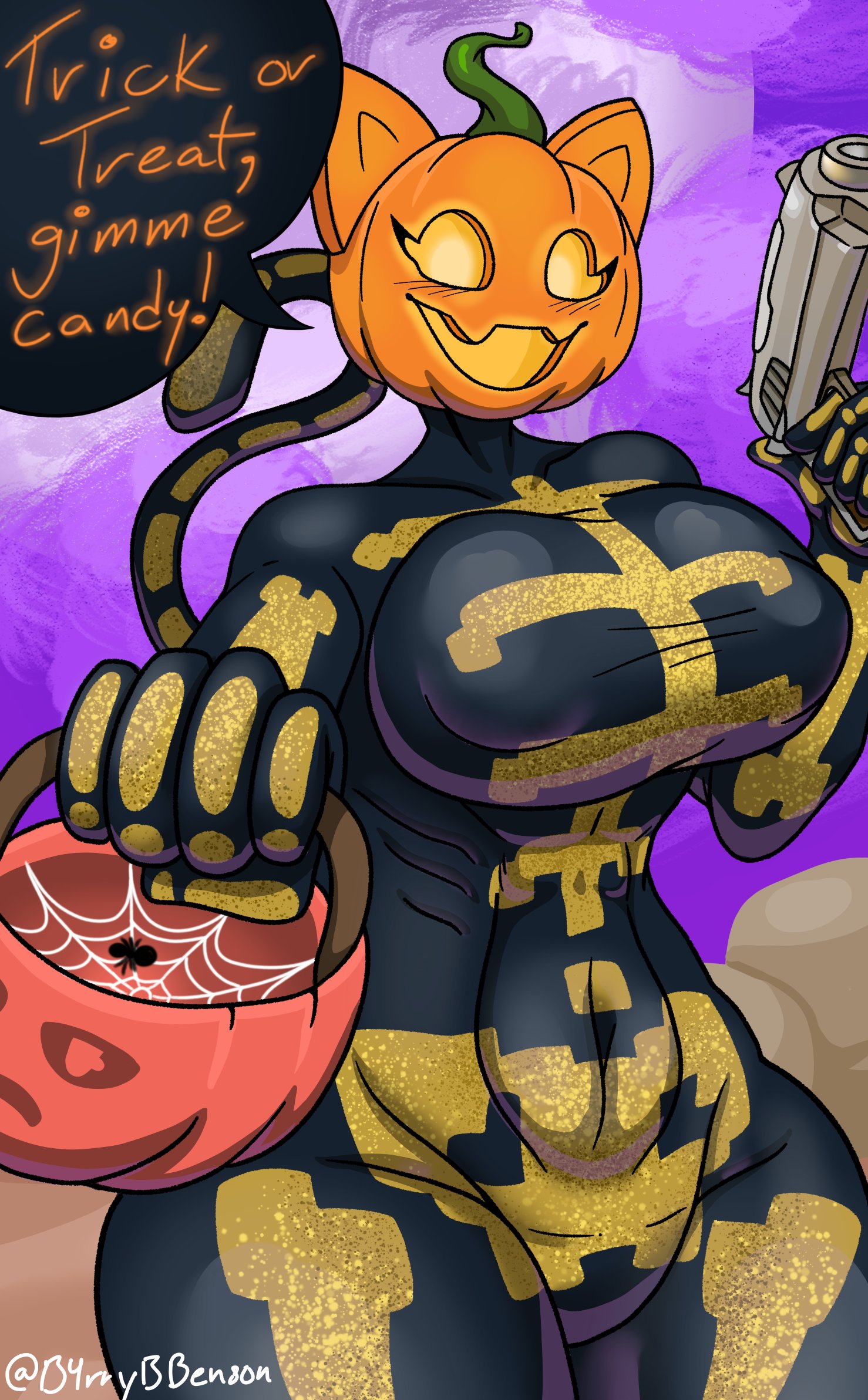 1girls, 2025, anthro, ass, barrybensonberry, big breasts, breasts, cat ears, cat girl, cat tail, english text, epic games, female, fortnite, fortnite: battle royale, halloween, hi res, holidays, looking at viewer, nipples visible through clothing, pistol, pumpkin, pumpkin head, purple background, simple background, skeleton, smile, solo, solo female, spice (fortnite), tail, text, thick thighs, thighs, wide hips