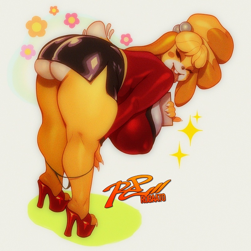 ^ ^, 1girls, alternate breast size, animal, animal crossing, anthro, ass, bent over, black skirt, blonde hair, blush stickers, body fur, breasts, buck teeth, canid, canine, canis, closed eyes, clothing, contemporary, covered nipples, curvy, domestic dog, doubutsu no mori, eyeshadow, female, female only, fingernails, footwear, from behind, furry, furry female, furry only, hair bell, hair ornament, hanging breasts, high heels, huge ass, huge breasts, humanization, isabelle (animal crossing), jacket, kneepits, large breasts, leather, legs, lipstick, long sleeves, looking back, makeup, mammal, microskirt, miniskirt, naughty face, nintendo, no bra, no panties, office lady, open mouth, panties, panty pull, pencil skirt, pinky out, platform footwear, platform heels, red footwear, robaato, sagging breasts, shih tzu, shirt, shizue (doubutsu no mori), shoes, shortstack, side slit, skirt, smile, snout, solo, sparkle, standing, stiletto heels, tail, teeth, thick thighs, thighs, thong, tongue, tongue out, topknot, toy dog, two-tone fur, underbutt, underwear, upper teeth only, wide hips, yellow fur