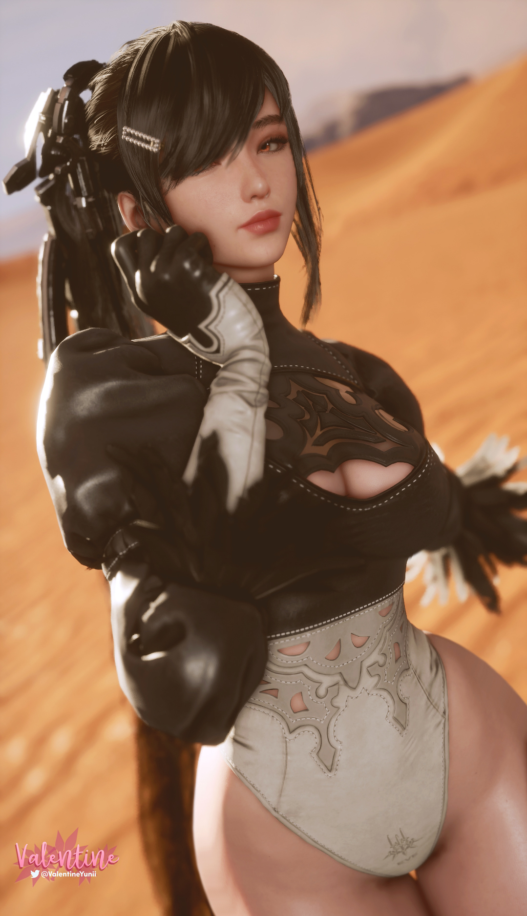 3d, crossover cosplay, eve (stellar blade), female, leotard, looking at viewer, nier: automata, selfie, solo, stellar blade, twitter username, valentineyunii, watermark, yorha 2b (cosplay)