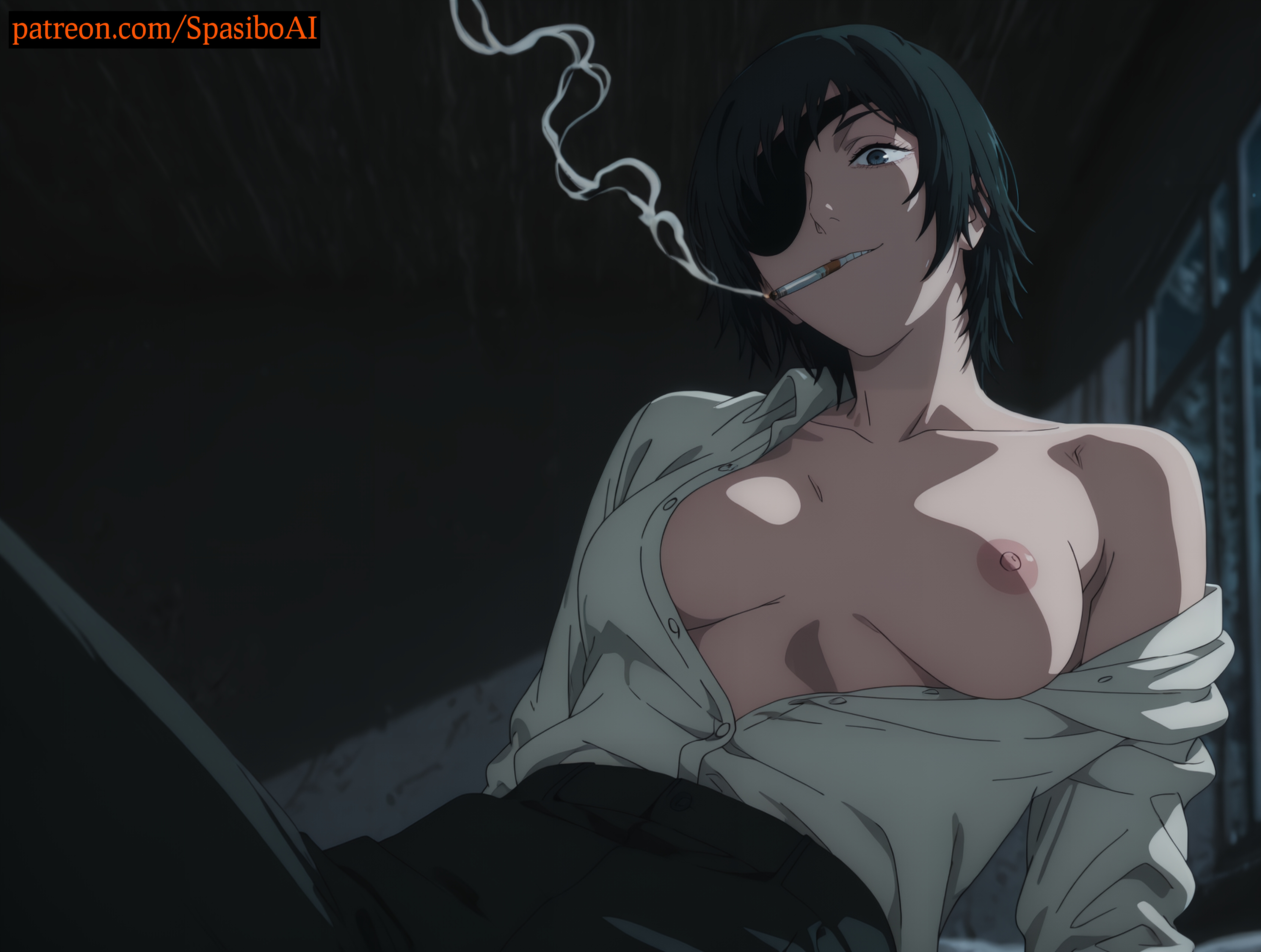 ai generated, arm support, black hair, black pants, blue eyes, breasts, breasts apart, chainsaw man, cigarette, collarbone, collared shirt, dark, dress shirt, eyepatch, female, high-waist pants, himeno (chainsaw man), indoors, large breasts, leaning back, long sleeves, looking at viewer, looking down, medium breasts, moonlight, night, nipples, no bra, off shoulder, one breast out, open clothes, open shirt, pants, parted lips, partially unbuttoned, shirt, shirt tucked in, short hair, single bare shoulder, sitting, smile, smoke, smoking, solo, spasibo15, unbuttoned, unbuttoned shirt, white shirt, window