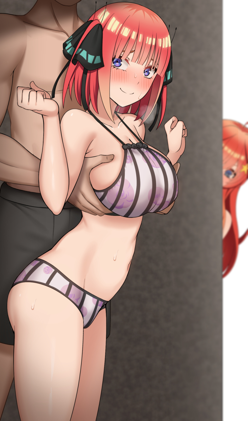 1boy, 2girls, bare shoulders, bikini, blush, breasts, butterfly hair ornament, cleavage, closed mouth, collarbone, female, go-toubun no hanayome, grabbing from behind, groping, hair ornament, hair ribbon, highres, komainu (yamaha1997), large breasts, long hair, looking up, male, medium hair, multiple females, multiple girls, nakano itsuki, nakano nino, navel, pink bikini, pink hair, purple eyes, red hair, ribbon, smile, solo focus, star (symbol), star hair ornament, stomach, striped bikini, striped clothes, sweat, swimsuit, thighs, two side up, vertical-striped bikini, vertical-striped clothes, white background