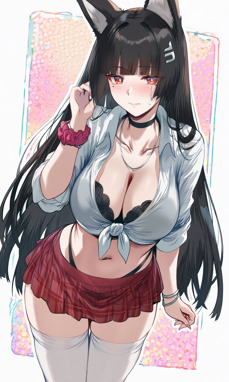 1girls, black hair, breasts, cleavage, female, female only, hoshimi miyabi, large breasts, long hair, looking at viewer, miniskirt, red eyes, revealing clothes, short skirt, skimpy clothes, skirt, thighhighs, zenless zone zero
