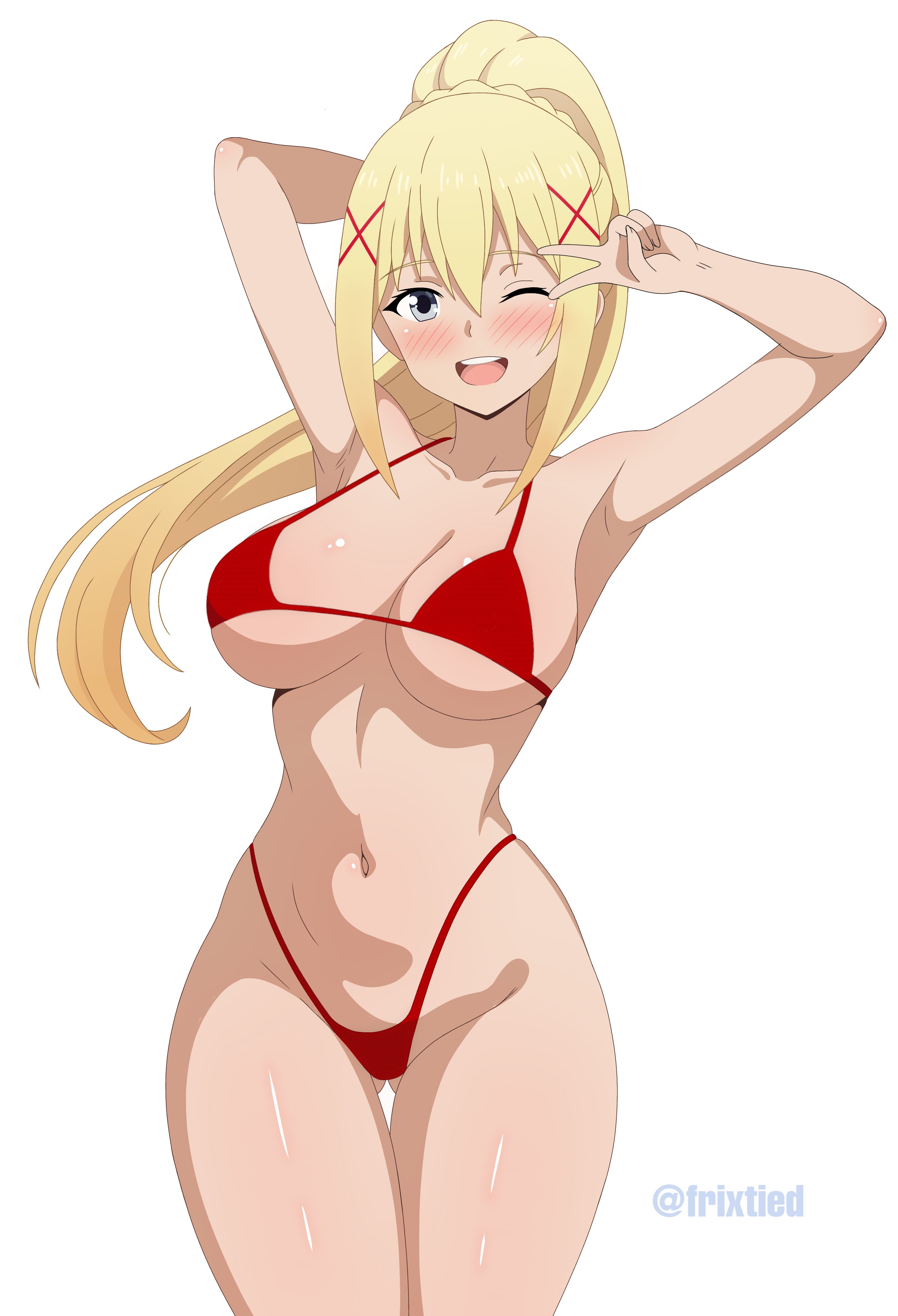 1girls, big breasts, bikini, bikini bottom, bikini top, blonde hair, blue eyes, blush, bottomwear, breasts, cleavage, darkness (konosuba), female, female only, frixtied, hair, hips, huge breasts, kono subarashii sekai ni shukufuku wo!, ponytail, revealing clothes, solo, solo female, swimwear, thighs, topwear removed