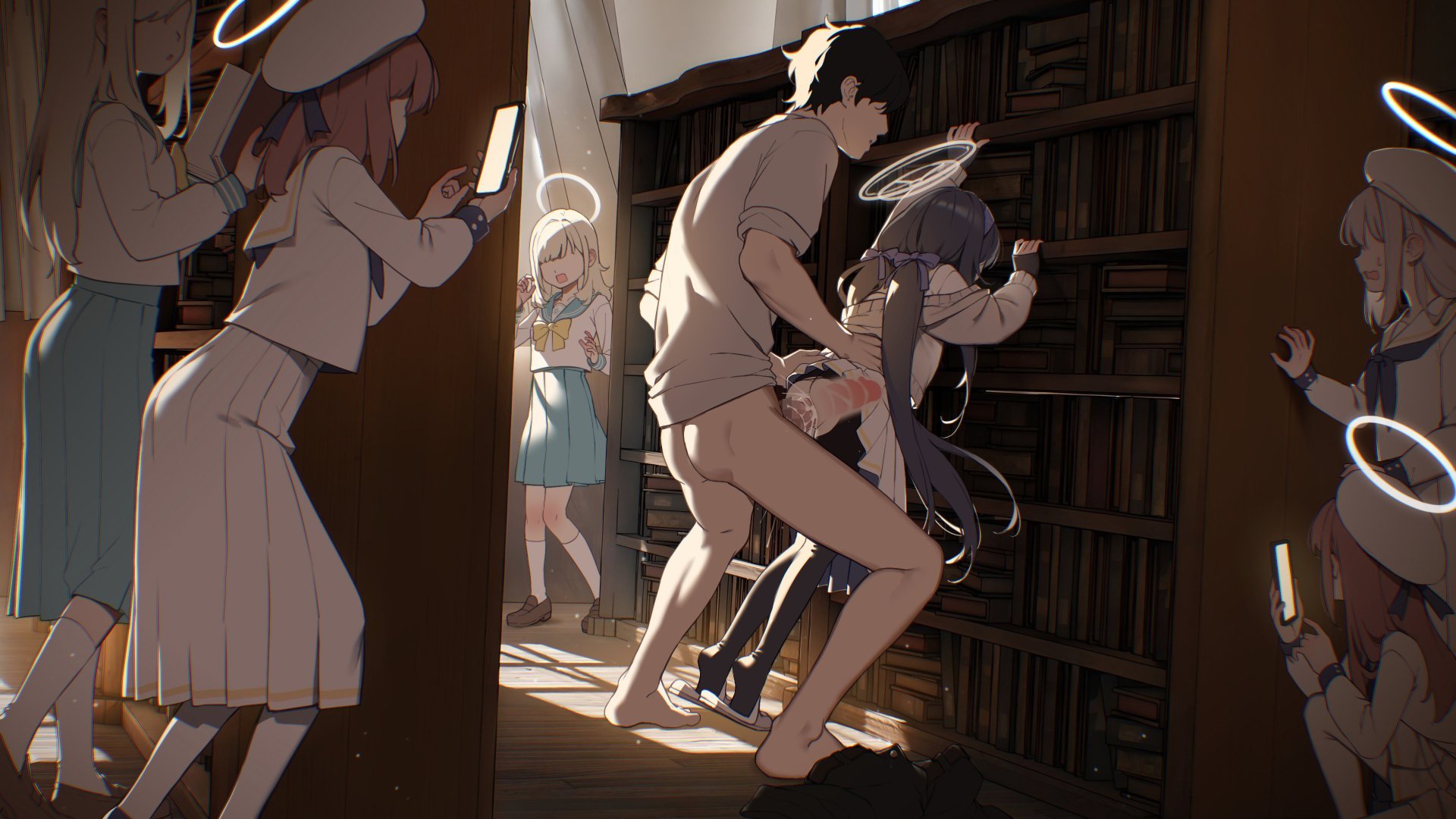 1boy, 6girls, artist request, black hair, black pantyhose, blonde hair, blue neckerchief, blue skirt, book, bookshelf, cellphone, censored, clothed sex, female, halo, hat, holding, holding phone, indoors, library, long hair, long skirt, long sleeves, male, mosaic censoring, multiple females, multiple girls, pantyhose, penis, phone, recording, sailor collar, school uniform, serafuku, sex, shirt, short hair, skirt, smartphone, standing, straight, torn pantyhose, twintails, voyeurism, walk-in, white headwear, white pantyhose, white serafuku, white shirt, white skirt