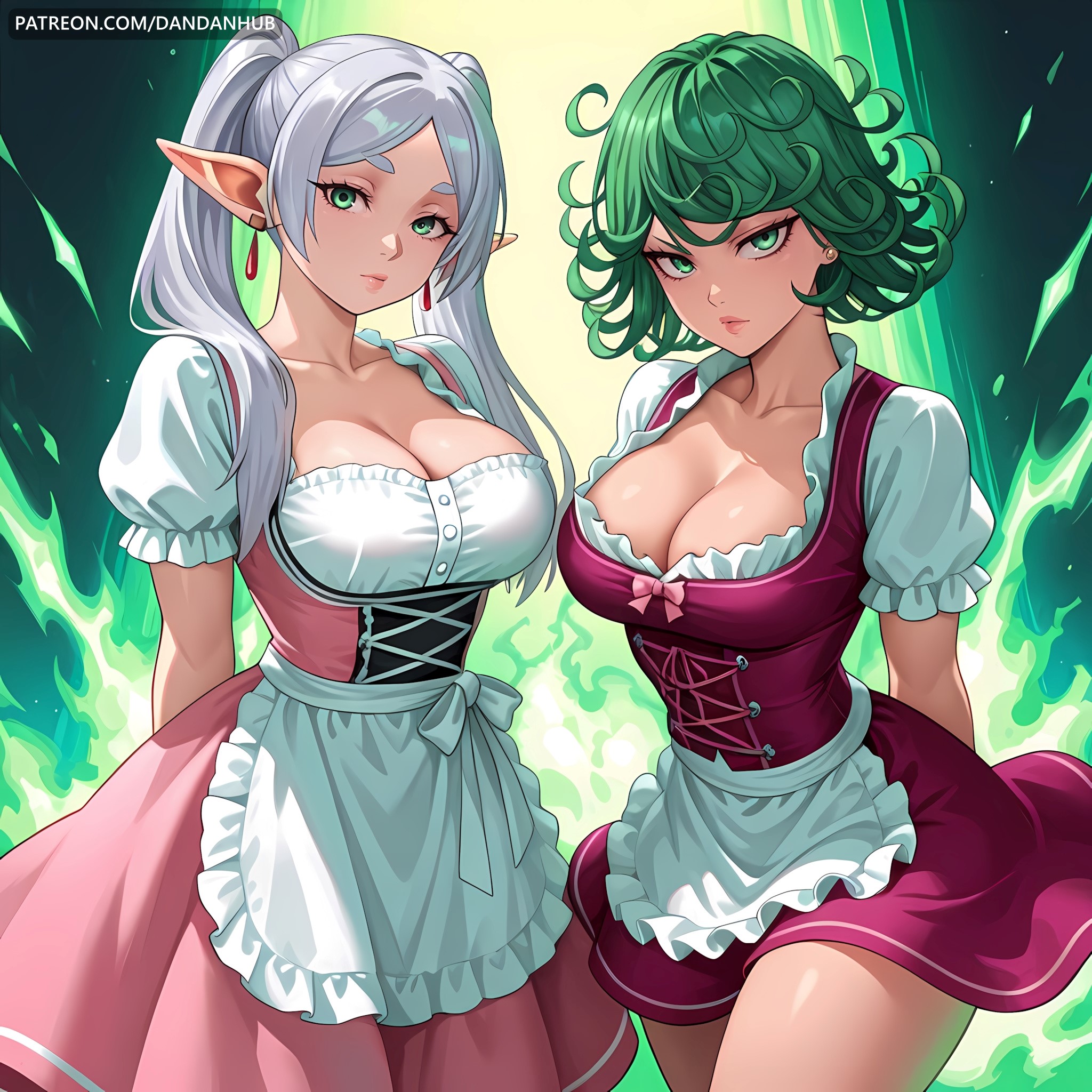 2girls, ai generated, alternate costume, apron, arms behind back, aura, bangs, bow, breasts, cleavage, closed mouth, collarbone, corset, cowboy shot, curly hair, dandanhub, dirndl, dress, earrings, elf, female, female only, frieren, frieren beyond journey's end, frilled apron, frills, german clothes, green background, green eyes, green hair, grey hair, jewelry, large breasts, lips, long hair, looking at viewer, multiple females, multiple girls, one-punch man, parted bangs, pink bow, pink dress, pointy ears, puffy short sleeves, puffy sleeves, short hair, short sleeves, sisters, sousou no frieren, tatsumaki, thick eyebrows, twintails, underbust, waist apron, white apron