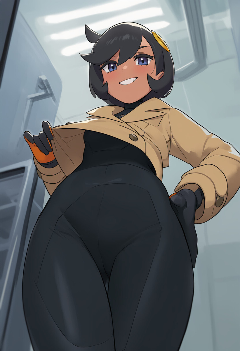 1girls, ai generated, bodysuit, camel toe, cameltoe, coat, cowboy shot, emma (pokemon legends: z-a), emma (pokemon), female, female only, from below, game freak, gloves, human, human only, matiere (pokemon legends: z-a), matiere (pokemon), nintendo, nspdld, pokemon, pokemon legends: z-a, short hair, smile, solo, teasing