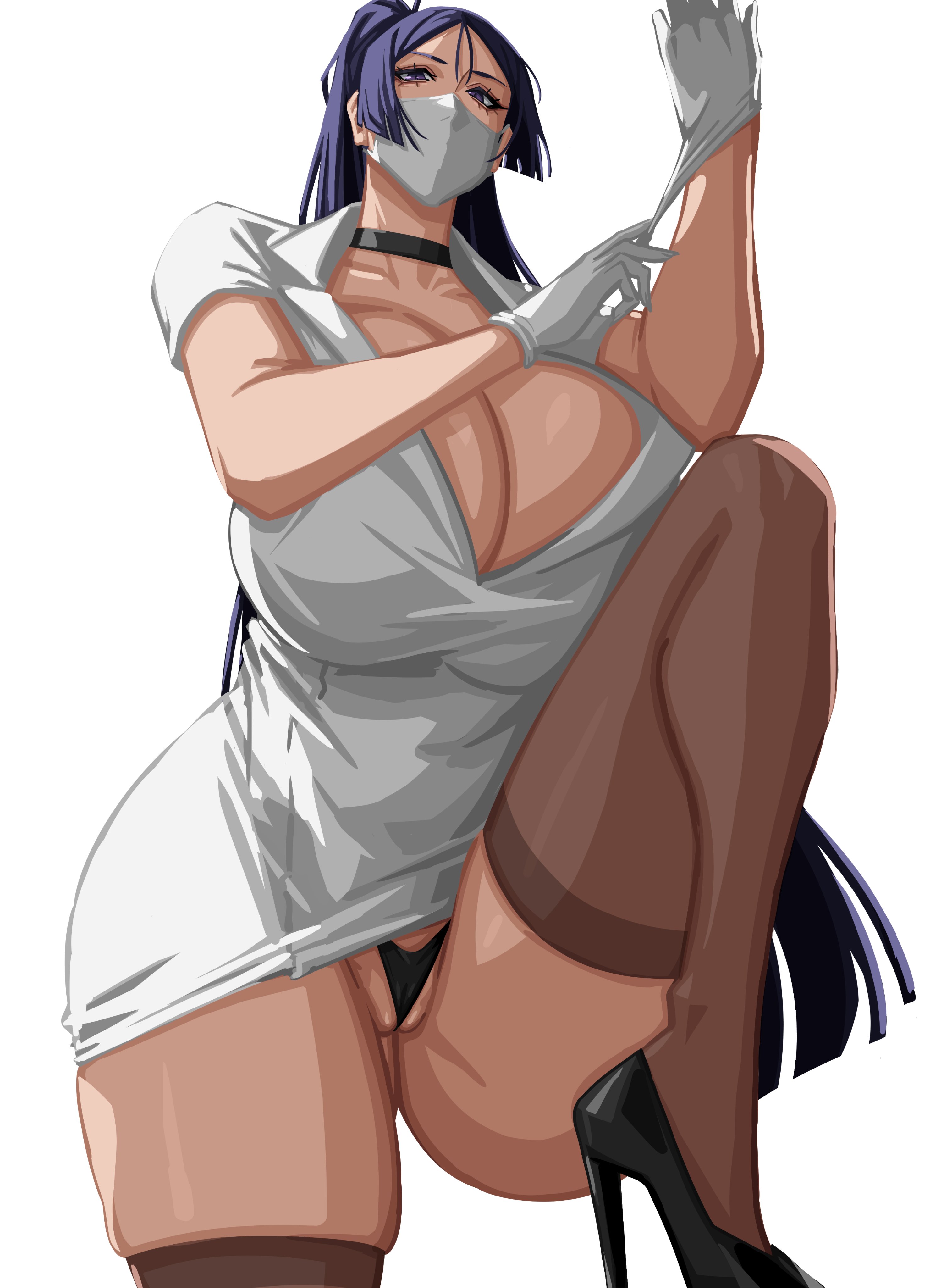 1girls, 2d, 2d (artwork), alecto 0, alternate clothing, beautiful woman, big breasts, black thong, breasts, cameltoe, choker, cleavage, emotionless, emotionless female, face mask, fate (series), fate/grand order, female, female only, footwear, gloves, hair, handwear, heels, high heels, hips, huge breasts, indifferent, large breasts, legwear, long hair, mature, mature female, mature woman, milf, minamoto no raikou (fate/grand order), neckwear, nurse, nurse cap, nurse outfit, nurse uniform, purple eyes, purple hair, solo, solo female, thick thighs, thighhighs, thighs, thong, white gloves