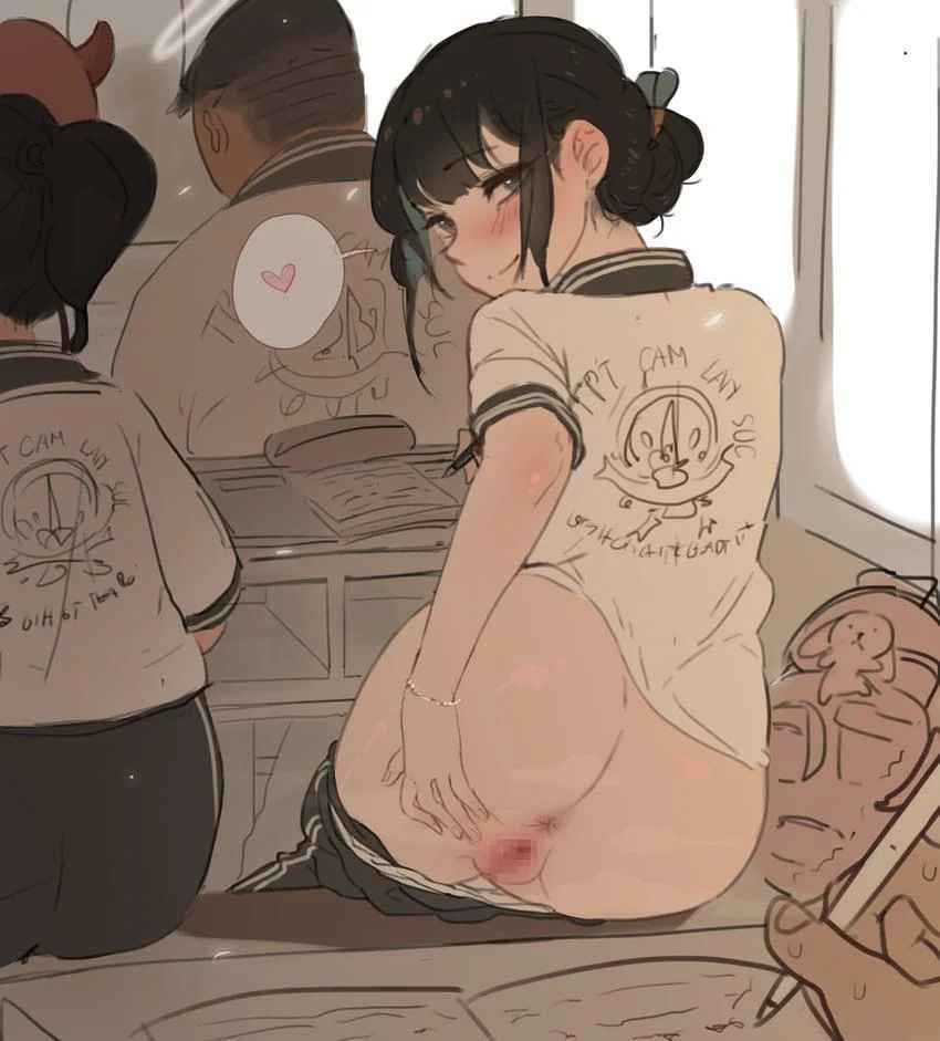 1boy, 2boys, 2girls, anus, artist request, ass, black hair, blush, bracelet, censored, classroom, clothes pull, desk, female, from behind, hair bun, heart, indoors, jewelry, looking at viewer, looking back, male, mosaic censoring, multiple boys, multiple females, multiple girls, multiple males, panties, pants, pants pull, panty pull, pen, pencil, pov, pov hands, presenting, public indecency, pussy, short hair, single hair bun, sitting, smile, solo focus, spoken heart, spread ass, spread pussy, straight, underwear, white panties, writing