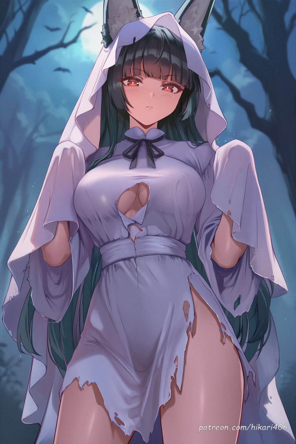 1girls, ai generated, animal ear fluff, animal ears, bare tree, bat (animal), black hair, blunt bangs, breasts, cleavage, closed mouth, clothing cutout, cowboy shot, dress, female, female only, full moon, ghost costume, green hair, halloween, hikari406, hood, hoshimi miyabi, large breasts, long hair, long sleeves, looking at viewer, moon, neck ribbon, night, outdoors, red eyes, sky, sleeves past fingers, solo, thighs, torn clothes, torn dress, tree, uncensored, very long hair, white dress, zenless zone zero