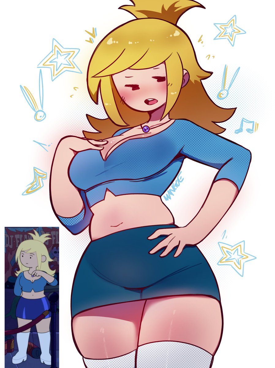 adventure time, adventure time: fionna & cake, blue shirt, blue skirt, breasts, canonical scene, cleavage, clothing, curvaceous, curvaceous female, curvaceous figure, curvy, curvy figure, curvy hips, female, female focus, female only, fionna and cake, fionna campbell, fionna campbell (club outfit), fionna the human girl, human, long hair, looking at viewer, medium breasts, midriff, pale skin, public, skirt, thick thighs, thigh squish, thighs, usmangaa, yellow hair