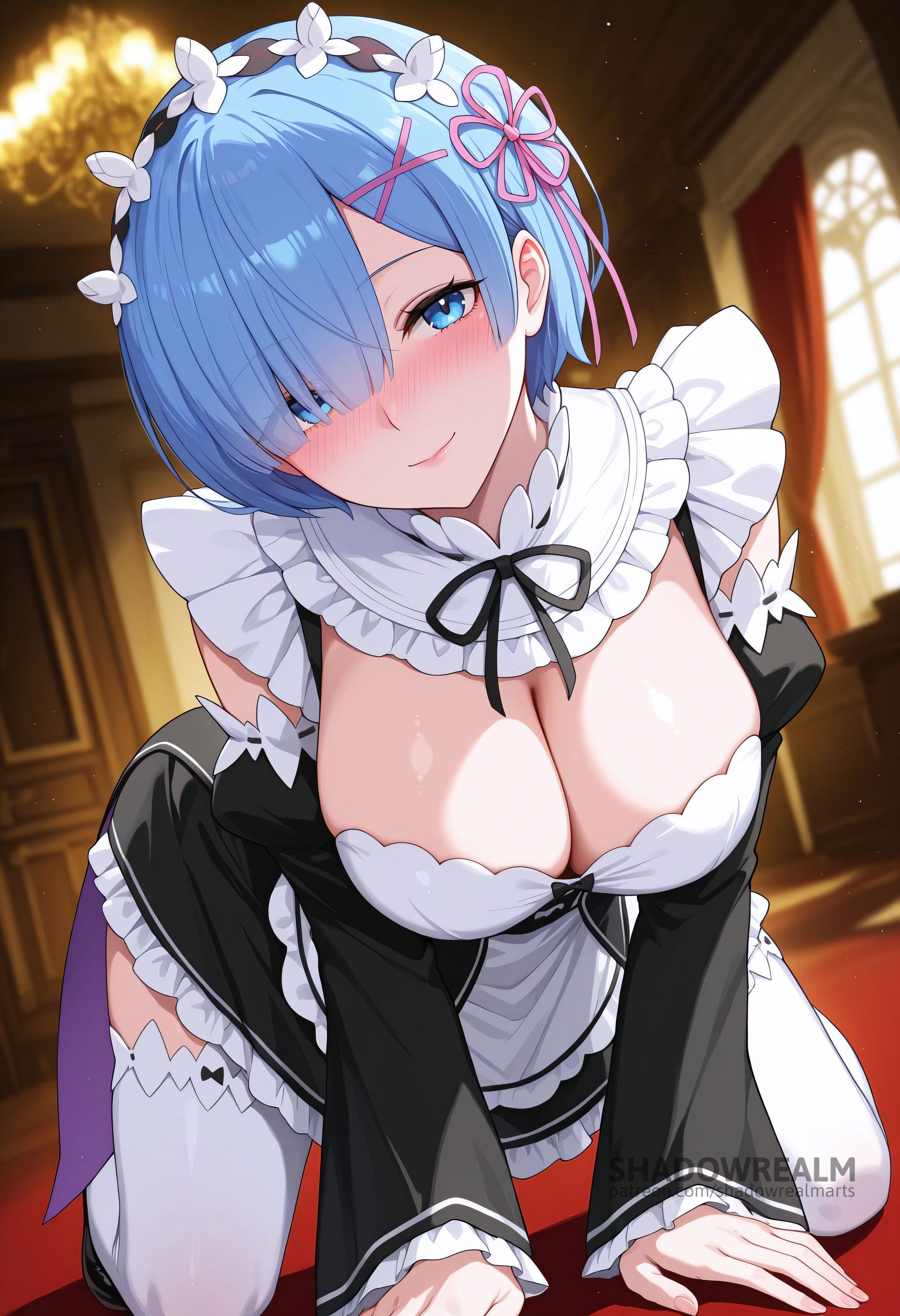 ai generated, all fours, apron, black dress, black ribbon, blue eyes, blue hair, blurry background, blush, breasts, chandelier, cleavage, closed mouth, detached sleeves, dress, female, frilled sleeves, frills, hair ornament, hair over one eye, hair ribbon, indoors, large breasts, long sleeves, looking at viewer, maid, maid headdress, neck ribbon, pink ribbon, re:zero kara hajimeru isekai seikatsu, rem (re:zero), ribbon, roswaal mansion maid uniform, shadowrealmarts, short hair, smile, solo, thighhighs, uncensored, white apron, white thighhighs, x hair ornament