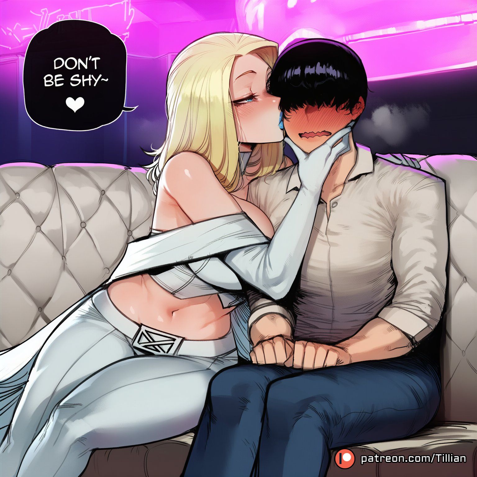 1boy, ai generated, assertive female, bare shoulders, black hair, blonde hair, blue eyes, blue lips, blush, breasts, choker, cleavage, collared shirt, couch, crop top, elbow gloves, emma frost, emma frost (marvel rivals), emma frost (x-revolution), english text, eyeless male, female, femdom, gloves, grabbing another's chin, hair over eyes, hand on another's chin, heart, kissing, large breasts, light-skinned male, lipstick, long hair, makeup, male, marvel, marvel comics, marvel rivals, midriff, navel, nervous, nervous male, off shoulder, on couch, pants, patreon logo, patreon username, shirt, short hair, sitting, speech bubble, straight, tillian, white choker, white gloves, white shirt, x-men, x-men evolution