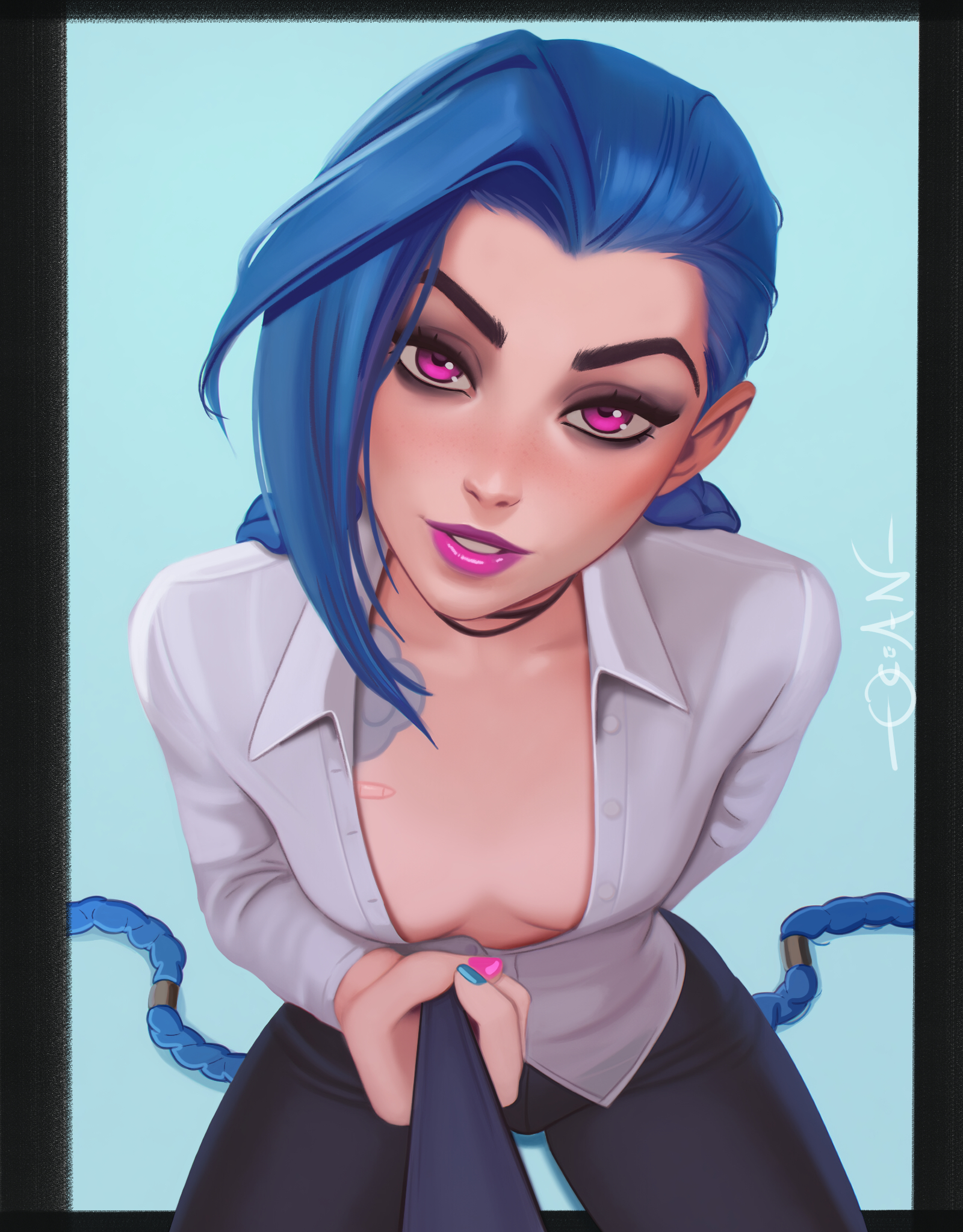 1girls, 2d, black border, blue background, blue hair, blue theme, border, breasts, female, female focus, grabbing tie, jinx (league of legends), league of legends, light skin, light-skinned female, looking at viewer, no bra, ocean (oveanman), office clothing, open shirt, ovean, pov, pov eye contact, purple eyes, purple lips, small breasts, tie, tie grab, unbuttoned, unbuttoned shirt