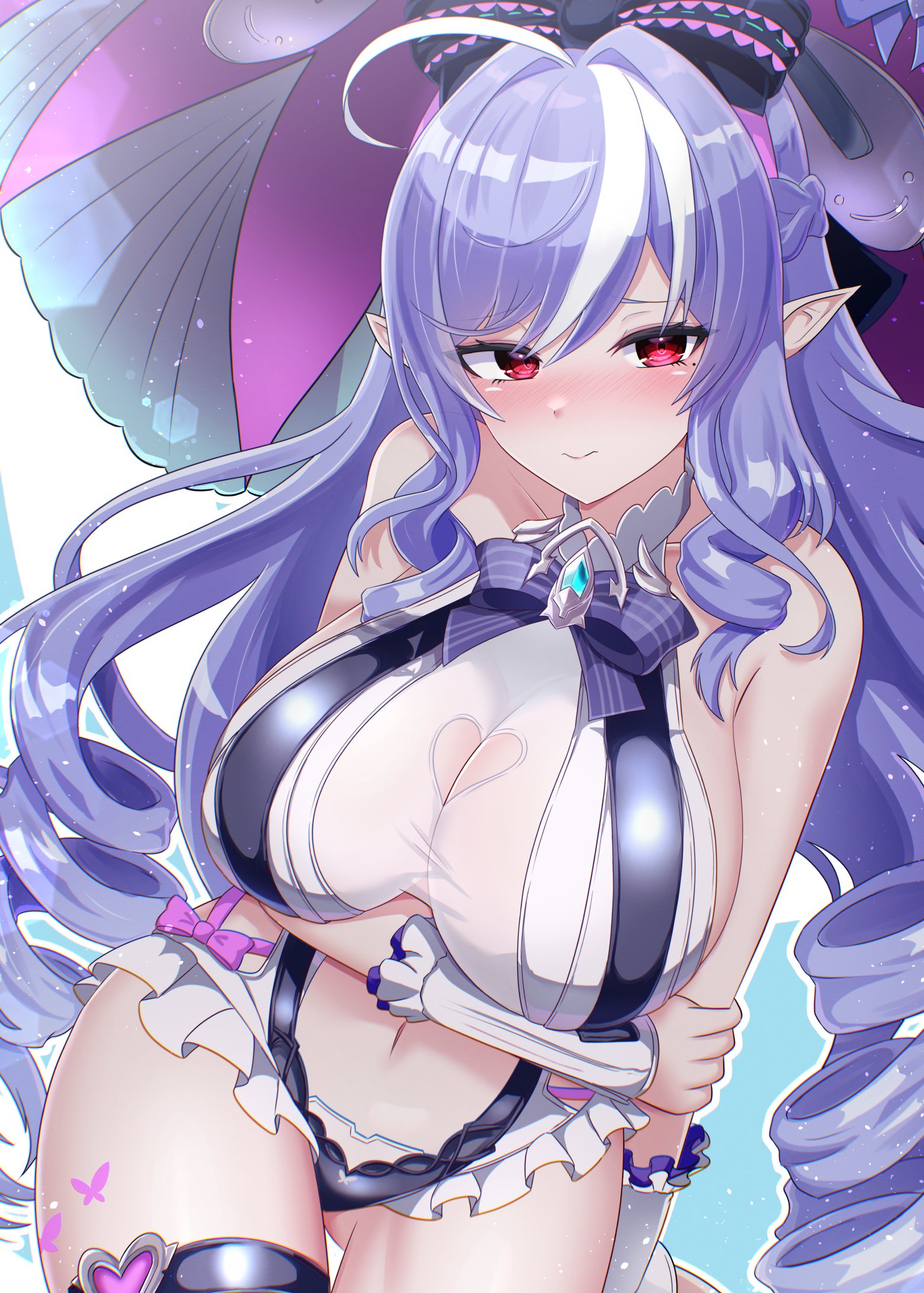 1girls, 2025, big breasts, blush, breasts, clothed, clothing, elf ears, female, female only, hi res, hoyoverse, microskirt, mihoyo, multicolored hair, official alternate costume, purple hair, red eyes, solo, thick thighs, thighs, vivian banshee, vivian banshee (iris of the shore), white hair, zenless zone zero
