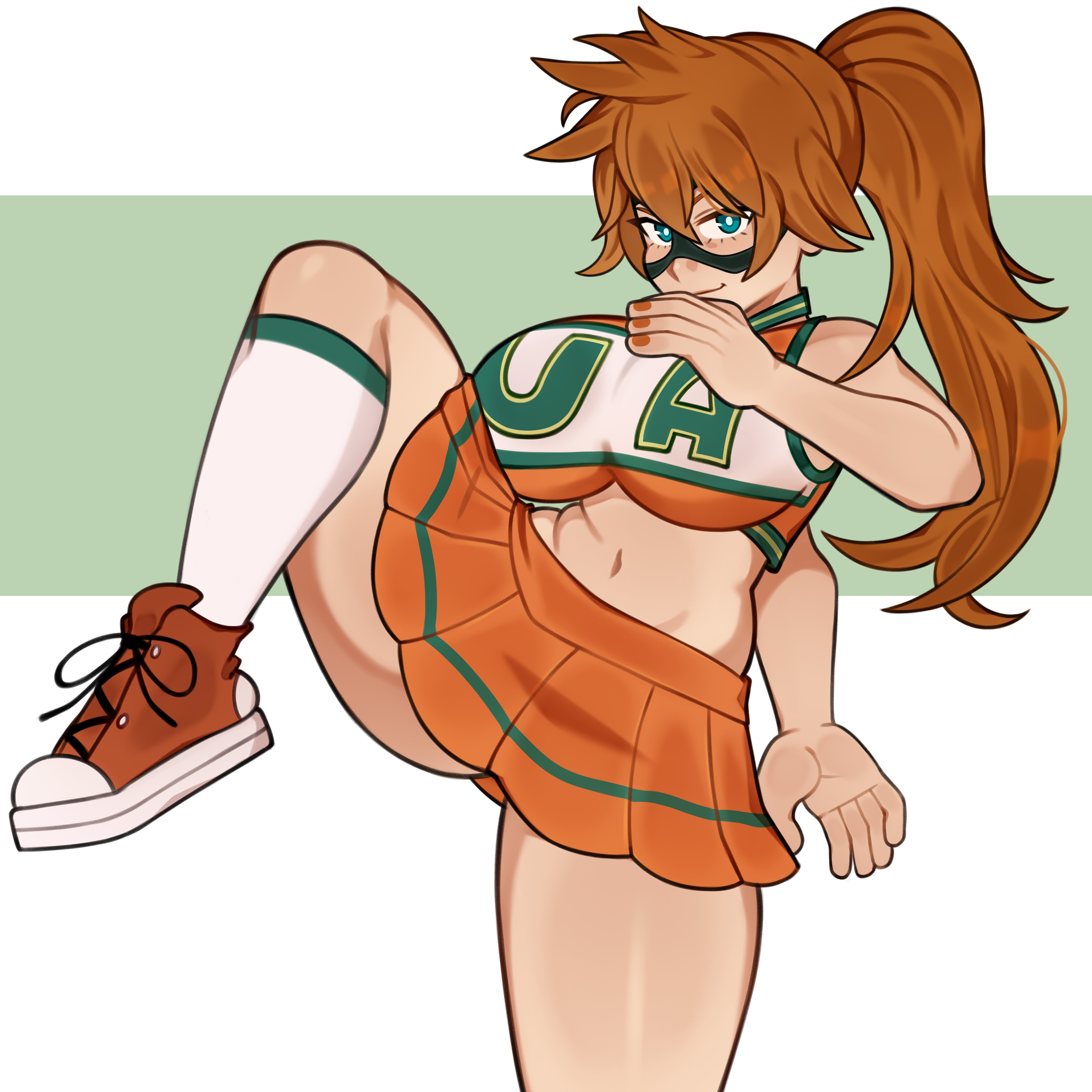 1girls, bare arms, bare shoulders, boku no hero academia, breasts, cheerleader, cheerleader outfit, cheerleader uniform, domino mask, female, itsuka kendou, large breasts, legs up, looking at viewer, melonpuff, midriff, my hero academia, navel, orange hair, orange-haired female, ponytail, pose, skirt, smile, sneakers, thick thighs, u.a. cheerleader outfit, white socks