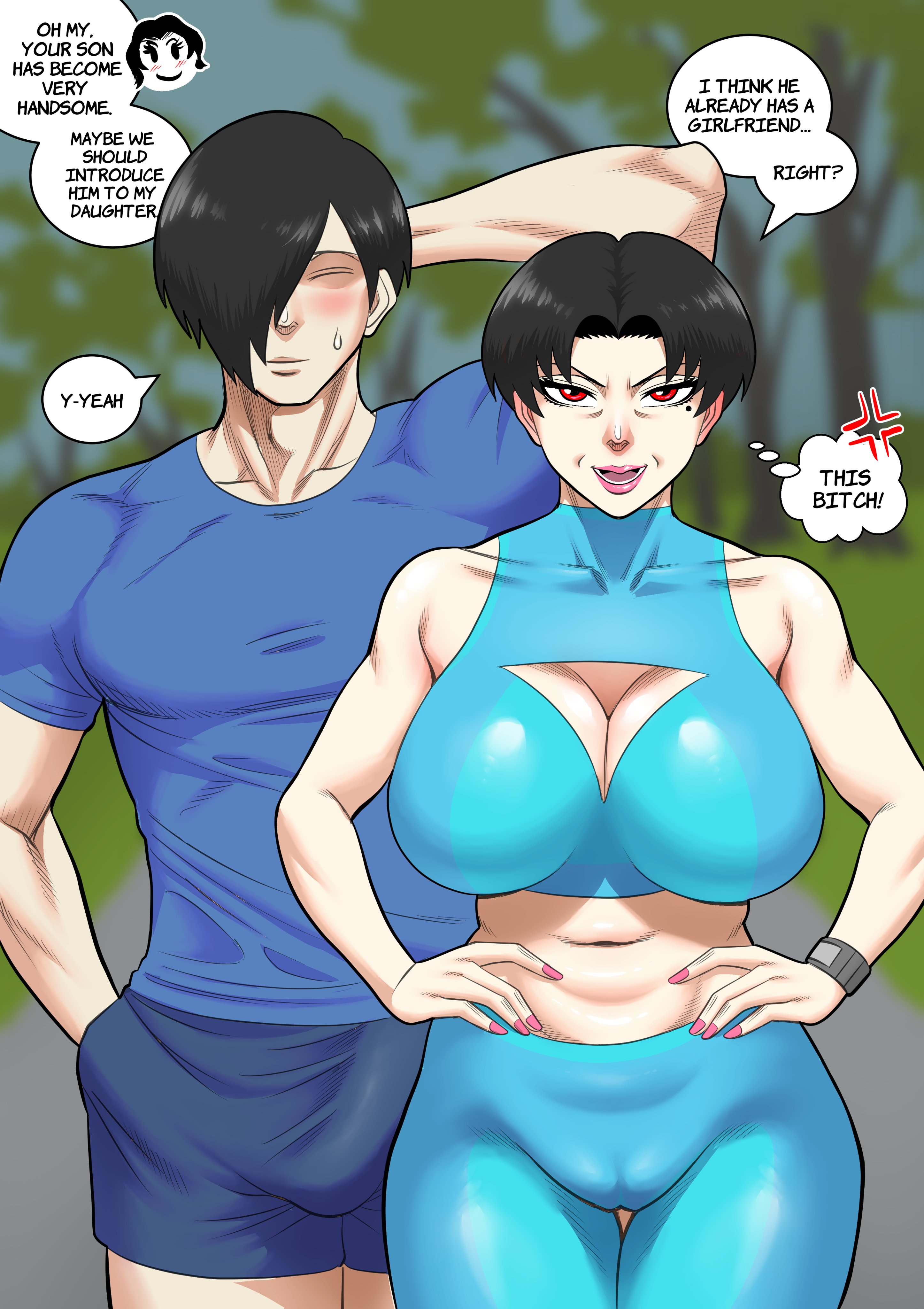 1boy1girl, 2d, absurd res, alamama, big boobs, big breasts, big bulge, big penis, black hair, blush, blushing, bob cut, bulge, clothed, comic, dialogue, digital drawing (artwork), digital media (artwork), exercise clothing, fit, fit female, gym clothes, hi res, hip dips, incest, incestuous, mature female, milf, mother, mother and son, oc, original character, original characters, pov
