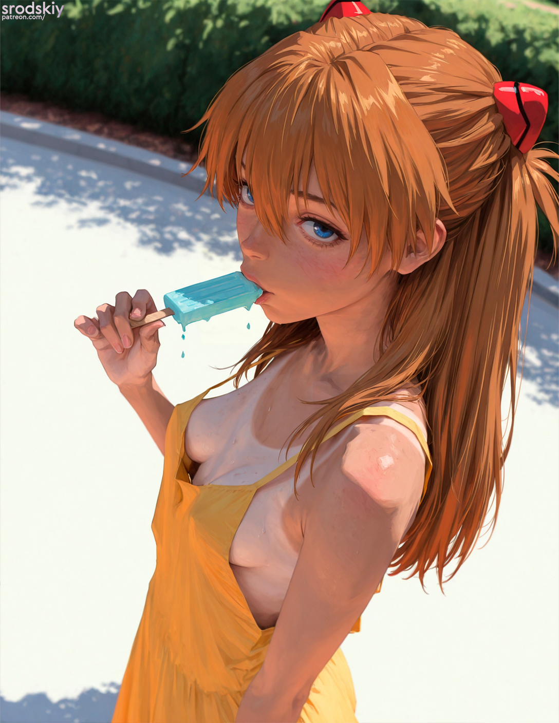 1girls, ai generated, asuka langley sohryu, breasts, cleavage, cute, cute expression, cute eyes, cute face, dress, eating, female, female only, first person view, horny, horny expression, horny female, ice cream, licking, licking ice cream, lips, looking at viewer, neon genesis evangelion, outdoors, perky breasts, petite, petite body, petite breasts, petite female, pov eye contact, side view, small breasts, solo focus, srodskiy, tagme, tan body, tan skin, tanline, teenage female, teenager, thin female, thin waist, tiny waist, top view, tsundere, vulgar, young, young female, younger female