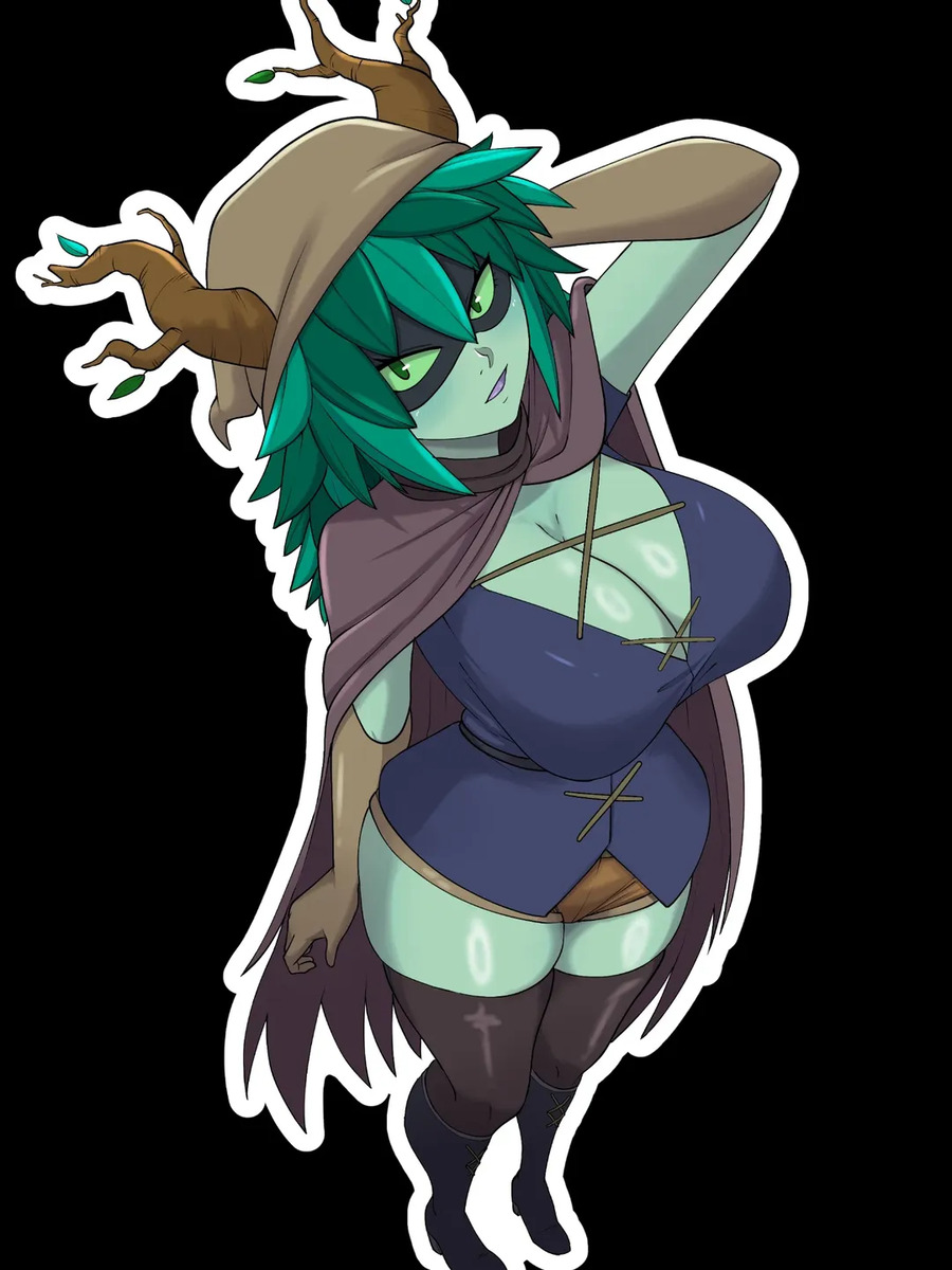 1girls, 2025, adventure time, belt, big breasts, black background, black boots, blush, boots, breasts, breasts bigger than head, cameltoe, cartoon network, cloak, clothed, curvy, curvy body, elbow gloves, female, forest, full body, green eyes, green hair, green sclera, green skin, haikon knight, horns, hourglass figure, huge breasts, humanoid, huntress wizard, inktober, leaf hair, light smile, looking at viewer, mask, medium hair, shorts, thick legs, thick thighs, thighhighs, thighs, tight clothes, tongue