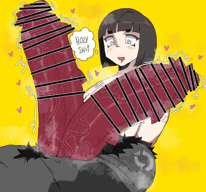 1boy, 1girls, ajax (sharkajax), big breasts, big penis, breadcatta, breasts, censored, diphallia, diphallism, female, huge cock, huge penis, lucy (breadcatta), male, monster cock, original, original character, penis, penis awe, shocked expression, tagme, text
