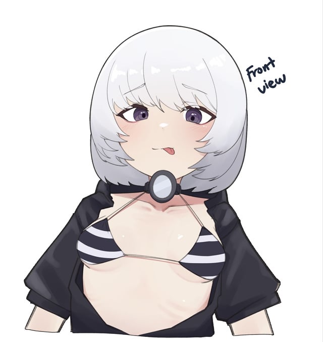 1girls, bikini top, black shirt, breasts, btr-zd (daebom), choker, daebom, female, no background, open clothes, purple eyes, short hair, solo, stripes, tagme, text, thx everyone!, tongue, tongue out, war thunder, white background, white hair