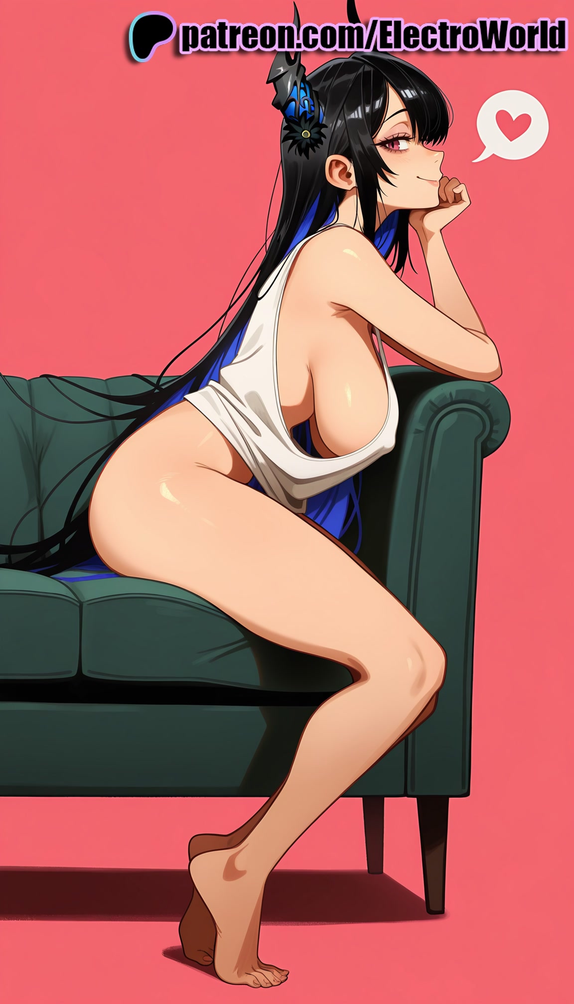 1girls, 2025, ai generated, artist name, barefoot, big breasts, big chest, black hair, breasts, bust, busty, chest, electroworld, female, heart, hi res, high quality, high resolution, highres, hololive, hololive english, hololive english -advent-, large breasts, long hair, nerissa ravencroft, patreon, patreon username, pink background, red background, sideboob, smile, solo, spoken heart, stable diffusion, virtual youtuber, vtuber, watermark