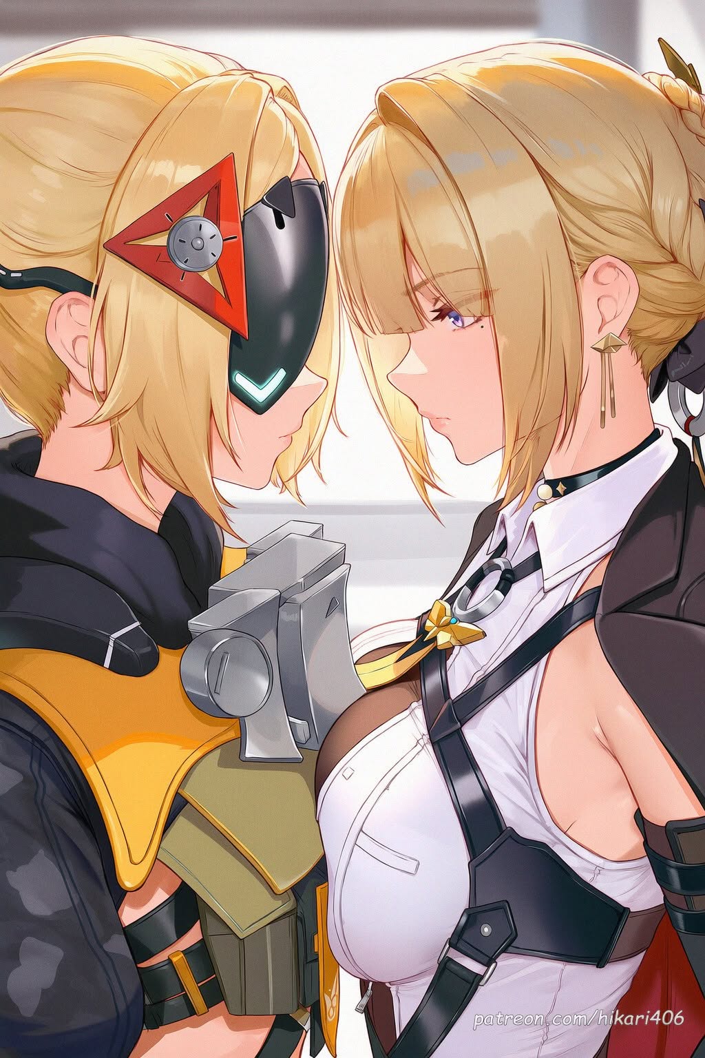 2girls, ai generated, asymmetrical docking, black jacket, blonde hair, blue eyes, braid, breast press, breasts, closed mouth, collared shirt, cross, earrings, evelyn chevalier, female, from side, hair ornament, hikari406, jacket, jewelry, large breasts, looking at another, mole, mole under eye, multiple females, multiple girls, purple eyes, shirt, short hair, sidelocks, sleeveless, sleeveless shirt, symmetrical docking, trigger (zenless zone zero), uncensored, upper body, white shirt, yuri, zenless zone zero