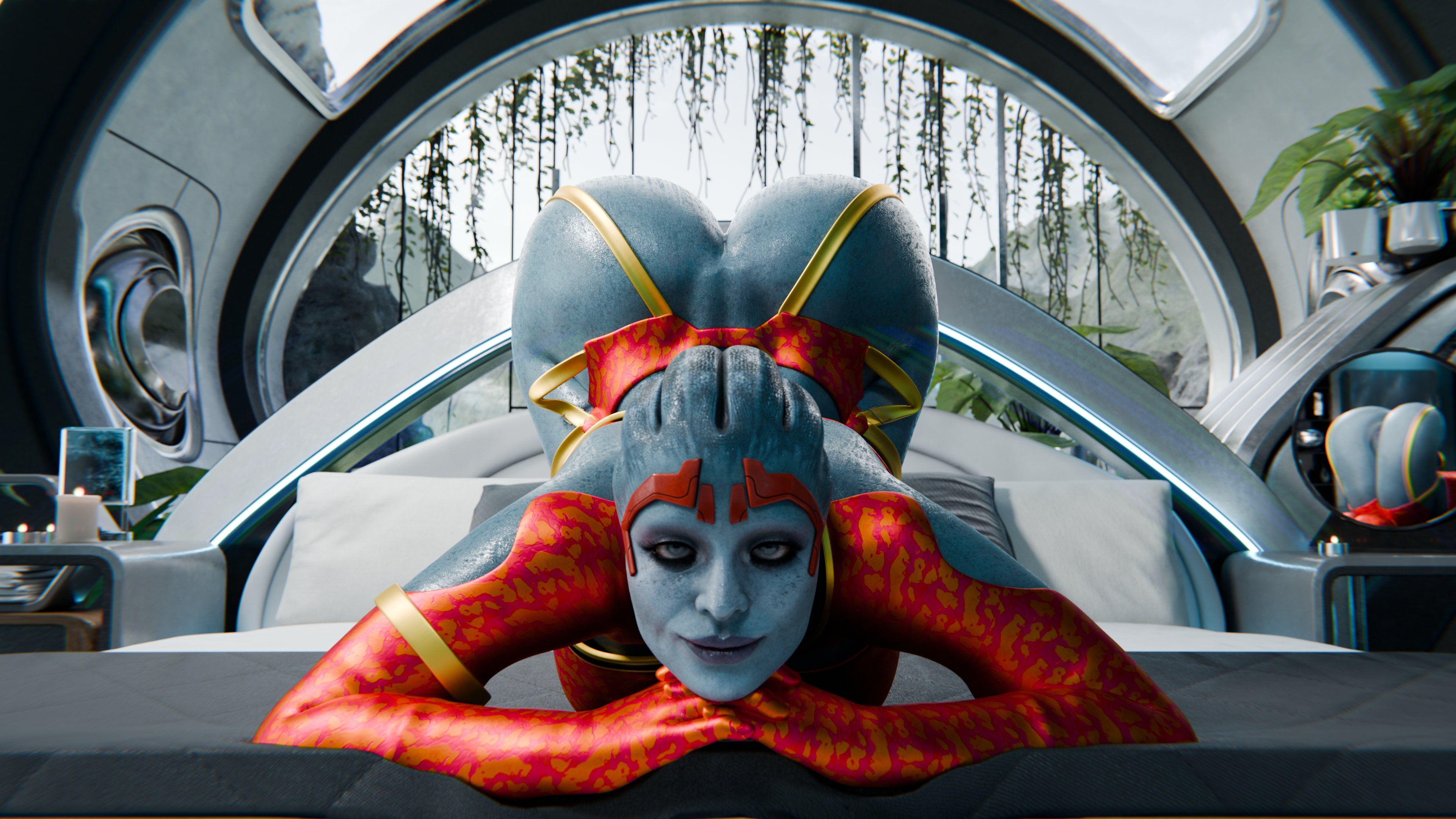 1girls, 3d, alien, arched back, asari, ass, ass up, bed, big ass, bioware, blue eyes, blue skin, female, female only, looking at viewer, mass effect, mature female, milf, mother, offmodelstudio, on bed, on stomach, samara, solo