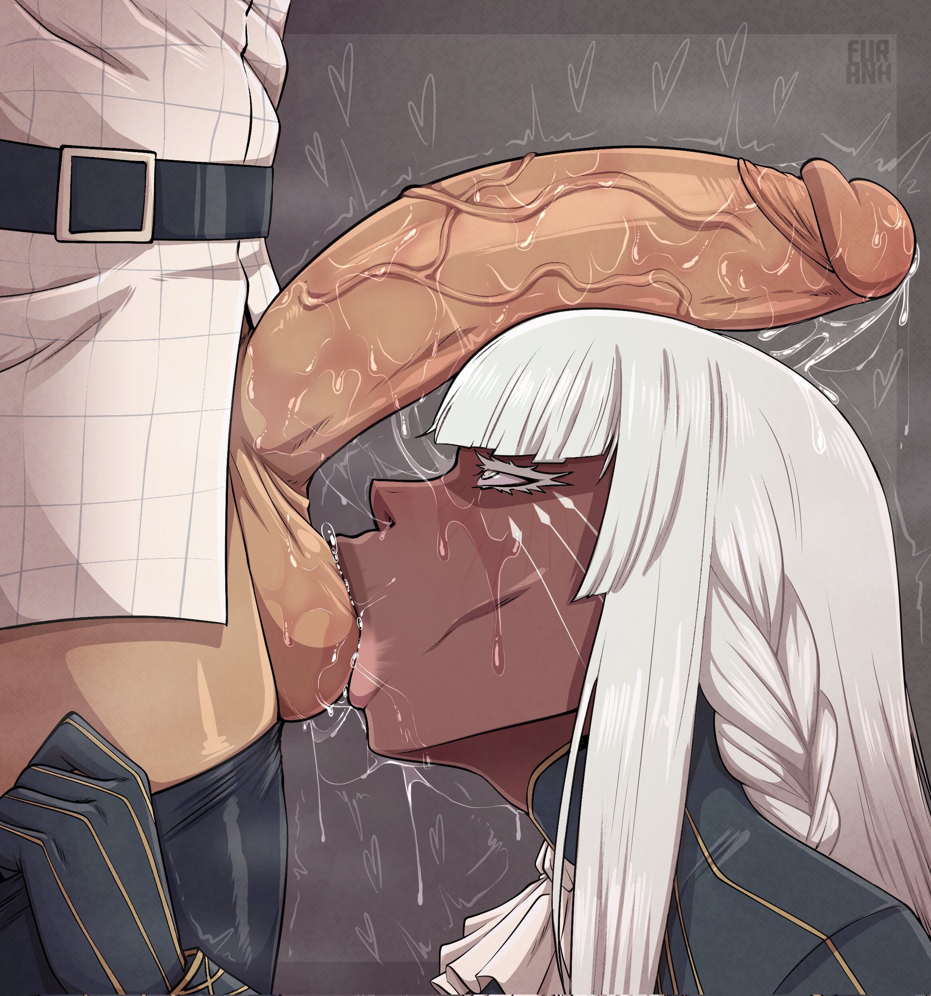1boy, 1girls, balls, big balls, blowjob, brigitta lycaon, cock hungry, cock worship, dark-skinned female, dark-skinned male, female, furanh, gloves, huge cock, male, metaphor: refantazio, penis, penis on head, precum, precum drip, precum string, saliva, saliva on penis, saliva trail, sucking balls, veiny penis, white hair, will (metaphor: refantazio)