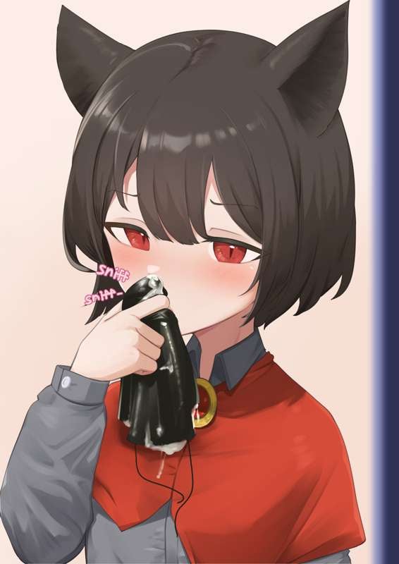 black hair, cat ears, cloth, daebom, puma (daebom), red eyes, sniffing, tagme