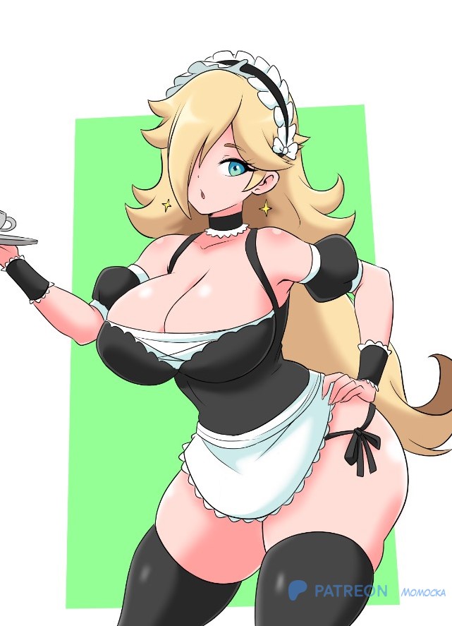 1girls, big ass, big breasts, big butt, big titties, blonde hair, blue eyes, breasts, busty, cleavage, clothing, curvaceous, curvaceous figure, curvy, curvy figure, curvy hips, earrings, female, female only, large breasts, legs, long hair, looking at viewer, maid, maid headdress, maid uniform, mario (series), momocka art, navel, nintendo, princess rosalina, sarong, slim waist, smile, solo, solo female, thick thighs, thighs, uniform, voluptuous