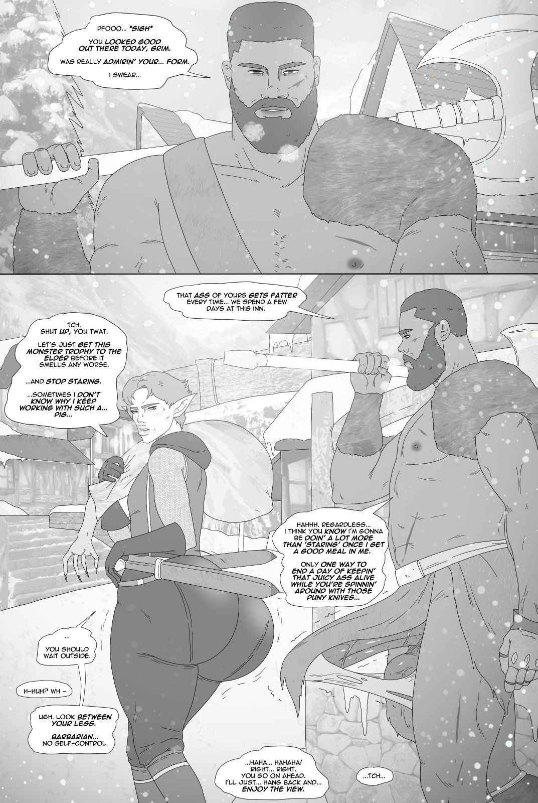 2boys, angry, angry expression, angry face, balls, beard, big ass, big balls, big penis, contingency, dark skin, dark-skinned male, dialogue, elf, elf ears, elf male, english text, erect nipples under clothes, erect penis, erection, erection under clothes, erection under clothing, facial hair, femboy, gay, huge ass, huge balls, huge cock, huge testicles, interracial, male, male focus, male only, monochrome, nervous, original, penis, pointy ears, short hair, speech bubble, testicles, text, vein, veins, veiny, veiny balls, veiny penis, veiny testicles, yaoi
