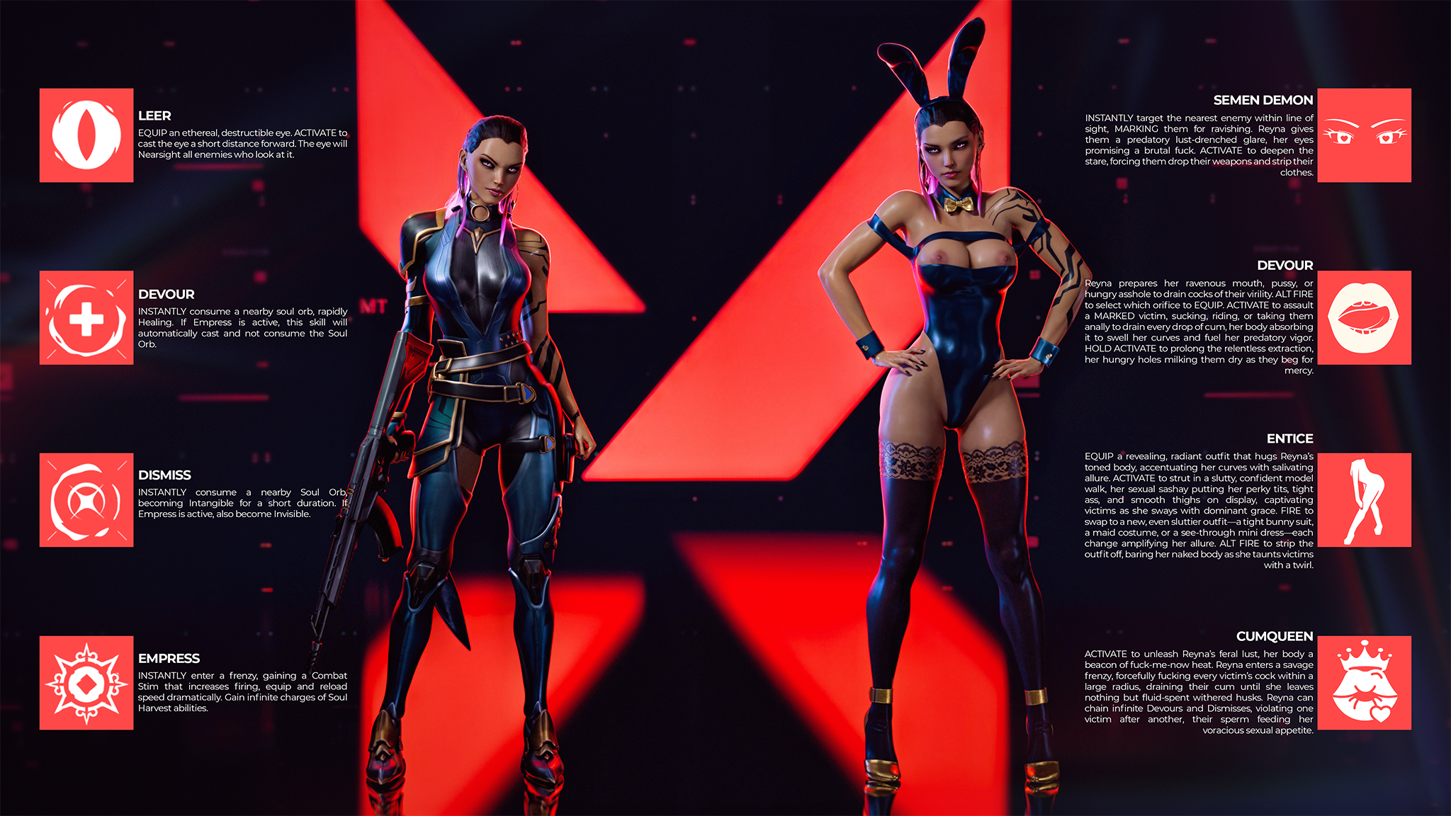 1girls, 3d, before and after, big ass, big breasts, big thighs, breasts, bust, busty, curvaceous, curvy, curvy figure, english text, female, game mechanics, gun, hips, huge ass, huge breasts, large ass, large breasts, mature, mature female, png, revealing clothes, reyna (valorant), riot games, shiny clothes, skimpy clothes, slim waist, slutification, tattoo, tattooed arm, text, therealzoh, thick, thick hips, thick legs, thick thighs, thighhighs, thighs, tight clothing, valorant, voluptuous, waist, weapon, wide hips