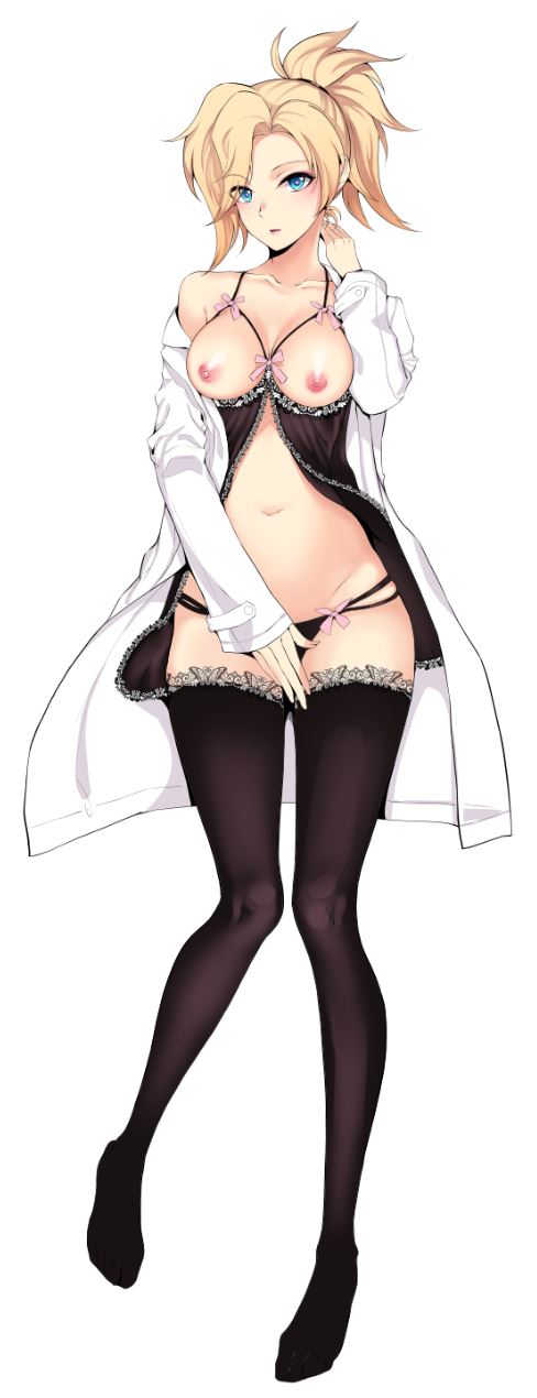 black lingerie, black panties, black stockings, blonde hair, blue eyes, cupless bra, female, labcoat, lingerie, mercy, navel, overwatch, panties, stockings, tagme
