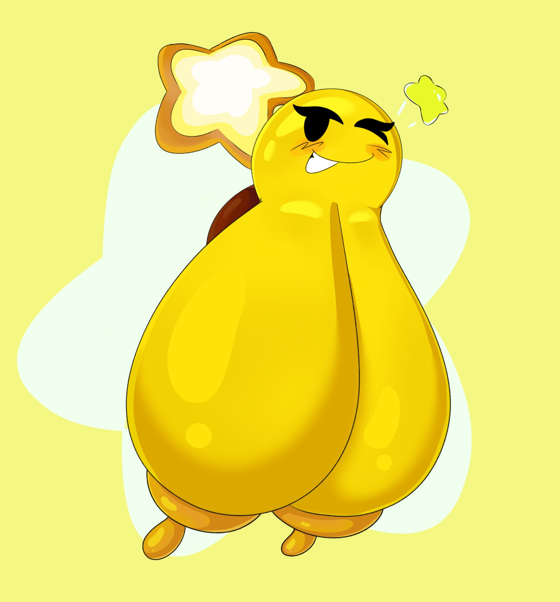 1girls, armless, ball with boobs, ball with hyper features, bedroom eyes, breasts, breasts bigger than body, breasts bigger than head, breasts focus, dangling breasts, female, floating, flying, huge breas, huge breasts, hyper, hyper breasts, hyraqwq, mario (series), mario and luigi (series), mario bros, massive breasts, nintendo, no arms, smile, smile at viewer, starlow, super mario bros., tasteofchoklit (edit), teeth showing, teeth visible, waddling head, wink, winking at viewer, yellow skin