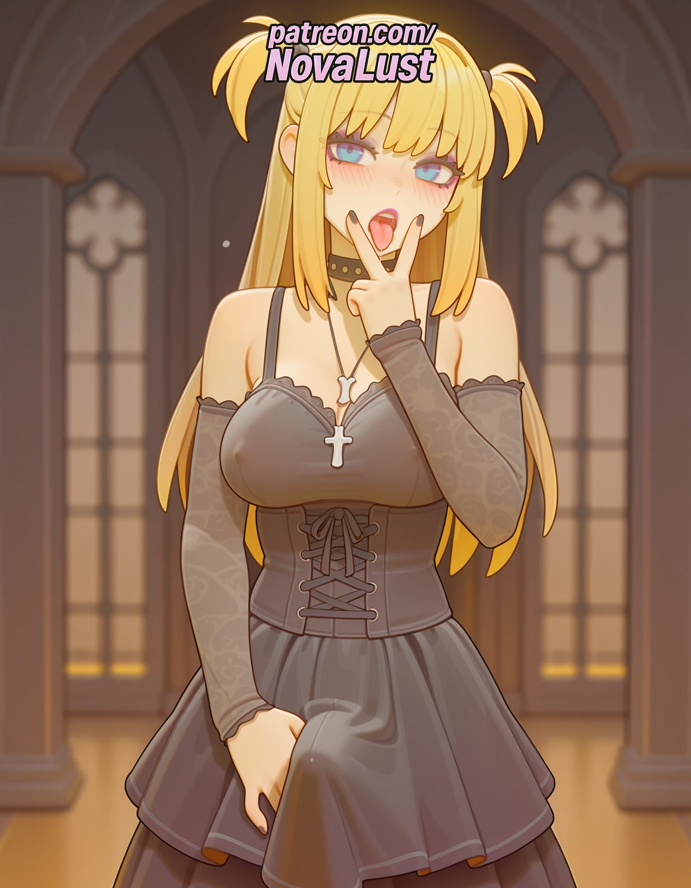 1futa, 2025, ai generated, artist name, average breasts, blonde hair, blue eyes, blurry, blurry background, blurry foreground, blush, breasts, bust, chest, choker, death note, depth of field, futanari, hi res, high quality, high resolution, highres, indoors, intersex, long hair, medium breasts, misa amane, normal breasts, novalust, pantyhose, patreon, patreon username, skirt, solo, stable diffusion, tongue, tongue out, two side up, watermark