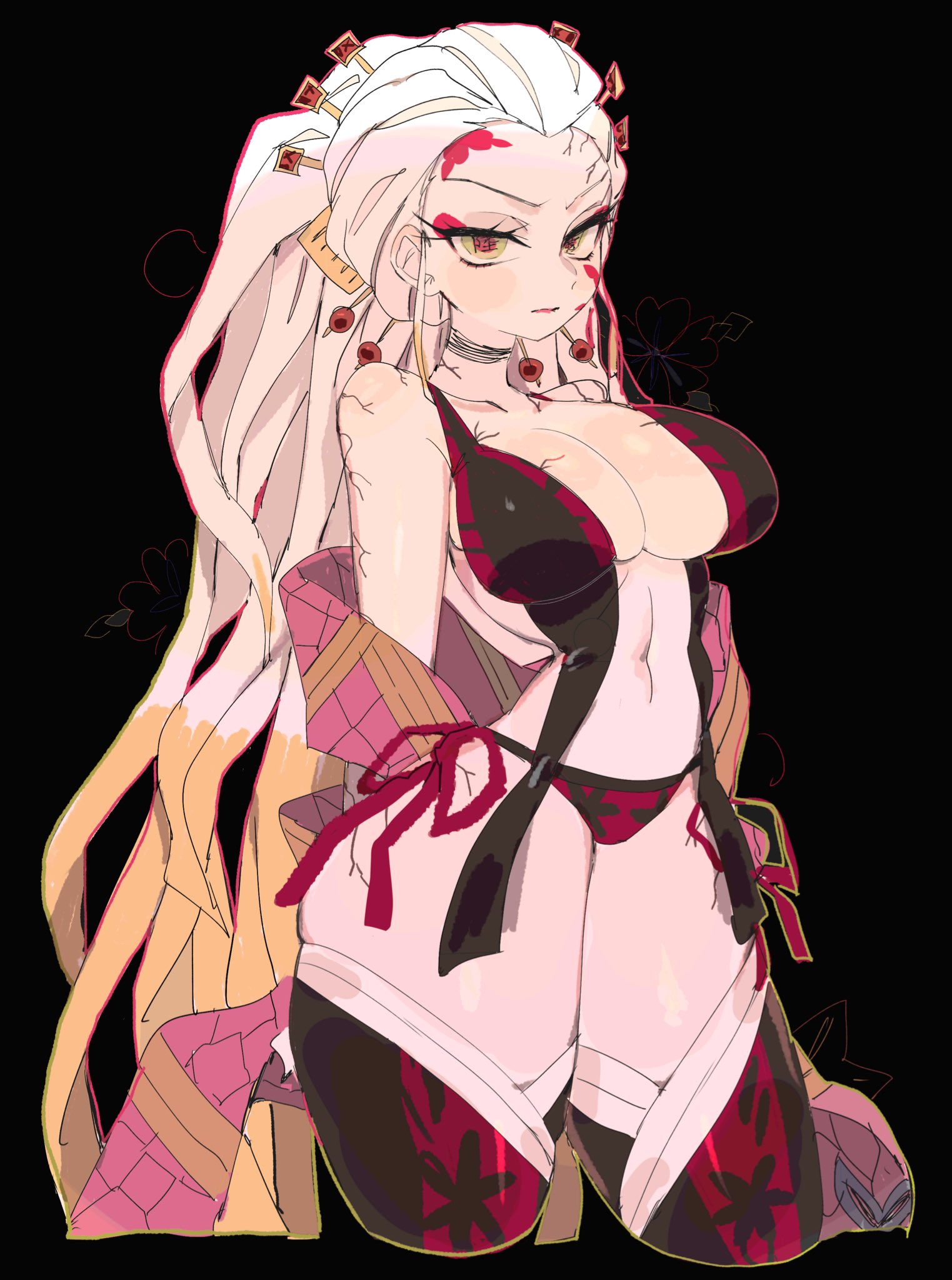 1girls, 2025, black background, breasts, collar, daki (kimetsu no yaiba), demon, demon slayer, female, hi res, kimetsu no yaiba, looking at viewer, multicolored hair, simple background, solo, solo female, thick thighs, thighs, usa37107692, white body, white hair, wide hips, yellow hair