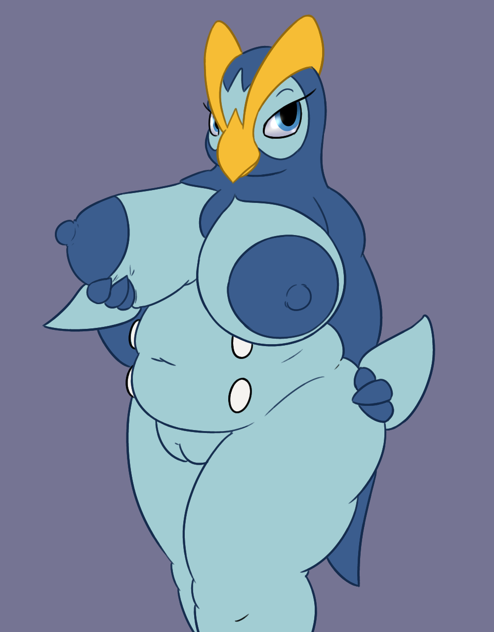 3_fingers anthro areola avian beak belly big_breasts bird blue_eyes blue_skin breast_grab breasts chubby erect_nipples eyelashes female hand_on_breast holding_breast huge_breasts looking_at_viewer navel nintendo nipples nude overweight penguin pokemon posexe prinplup pussy seductive simple_background solo standing thick_thighs video_games wide_hips wings