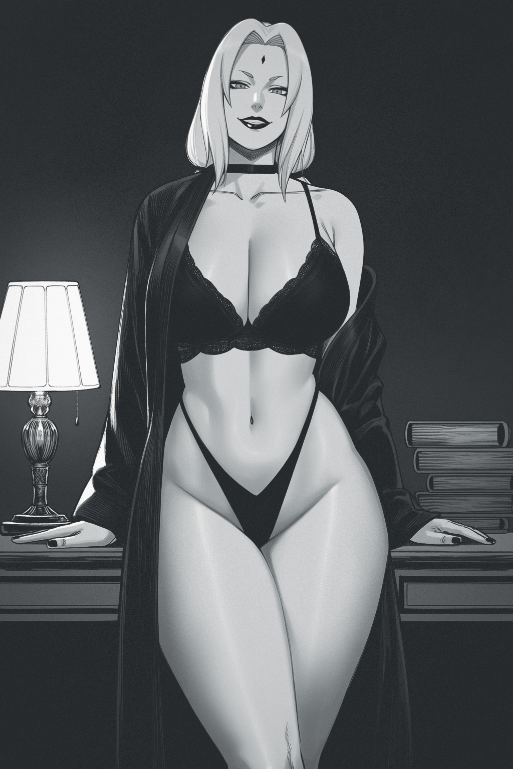 2d, ai generated, aroused, aroused face, aroused female, aroused smile, bare legs, bare thighs, belly button, black and white, blonde female, blonde hair, bra, choker, cleavage, cleavage cutout, hourglass figure, hourglass figured female, large ass, large breasts, lingerie, lingerie only, lipstick, looking at viewer, milf, naruto, naruto (series), naruto shippuden, ozyvan, painted fingernails, painted nails, panties, sexy, sexy body, sexy pose, smiling, smiling at viewer, smirk, smirking, smirking at viewer, tagme, thick ass, thick thighs, tied hair, tsunade, tsunade (naruto), voluptuous, voluptuous body, voluptuous female