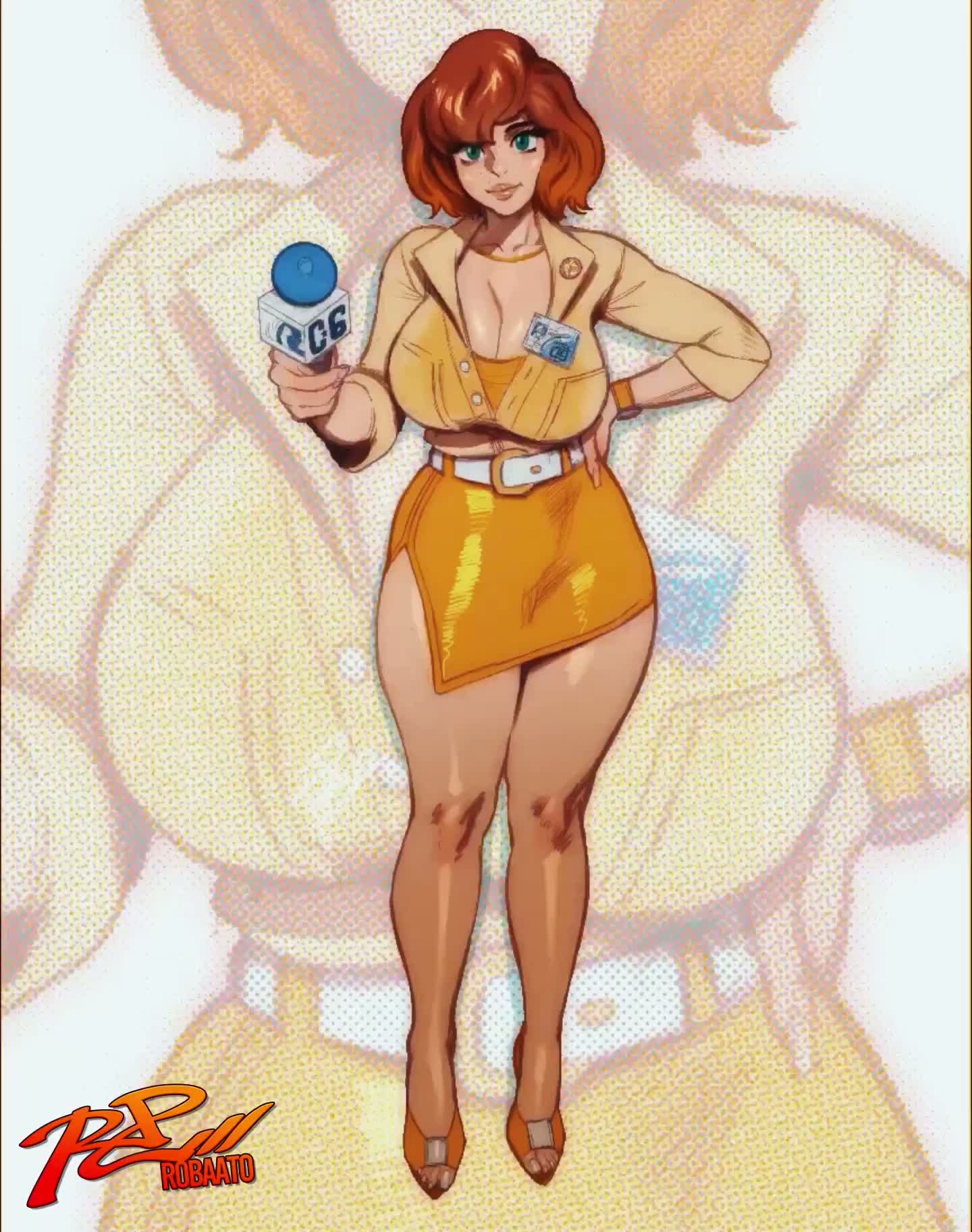 1girls, april o'neil, april o'neil (tmnt 1987), artist name, badge, belt, bracelet, breasts, brown hair, cleavage, clothing, curvy, female, footwear, full body, green eyes, hand on own hip, high heels, holding, holding microphone, huge breasts, jacket, jewelry, large breasts, legs, lips, looking at viewer, mature female, microphone, midriff, miniskirt, name tag, necklace, negarobo, orange skirt, pencil skirt, red hair, robaato, sandals, see-through, short hair, skirt, sleeves pushed up, smile, solo, standing, teenage mutant ninja turtles, thick thighs, thighs, tmnt 1987, white belt, zoom layer
