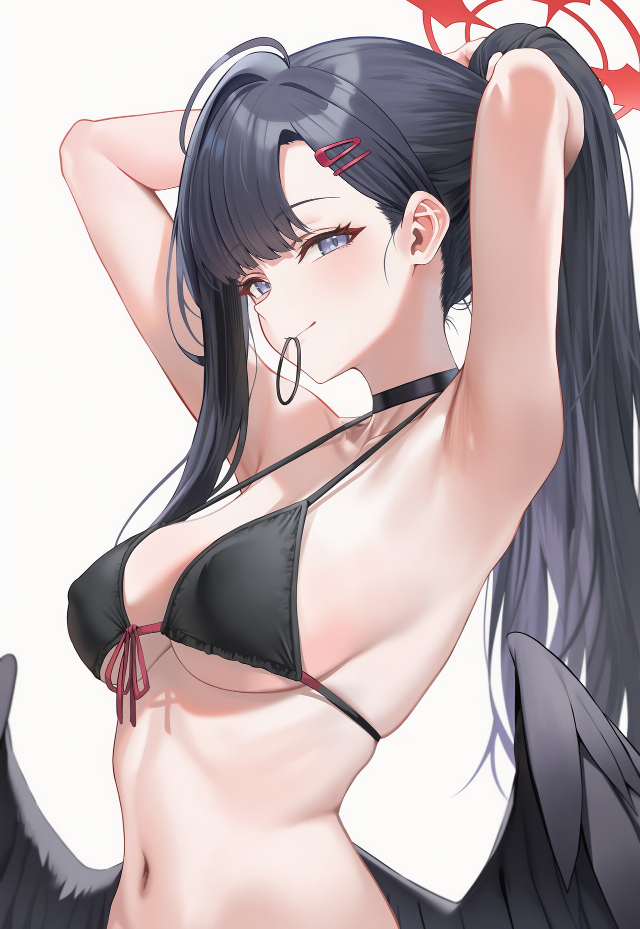1girls, belly, black bikini, black hair, blue archive, breasts, female, ichika (blue archive), long hair, medium breasts, sideboob, underboob