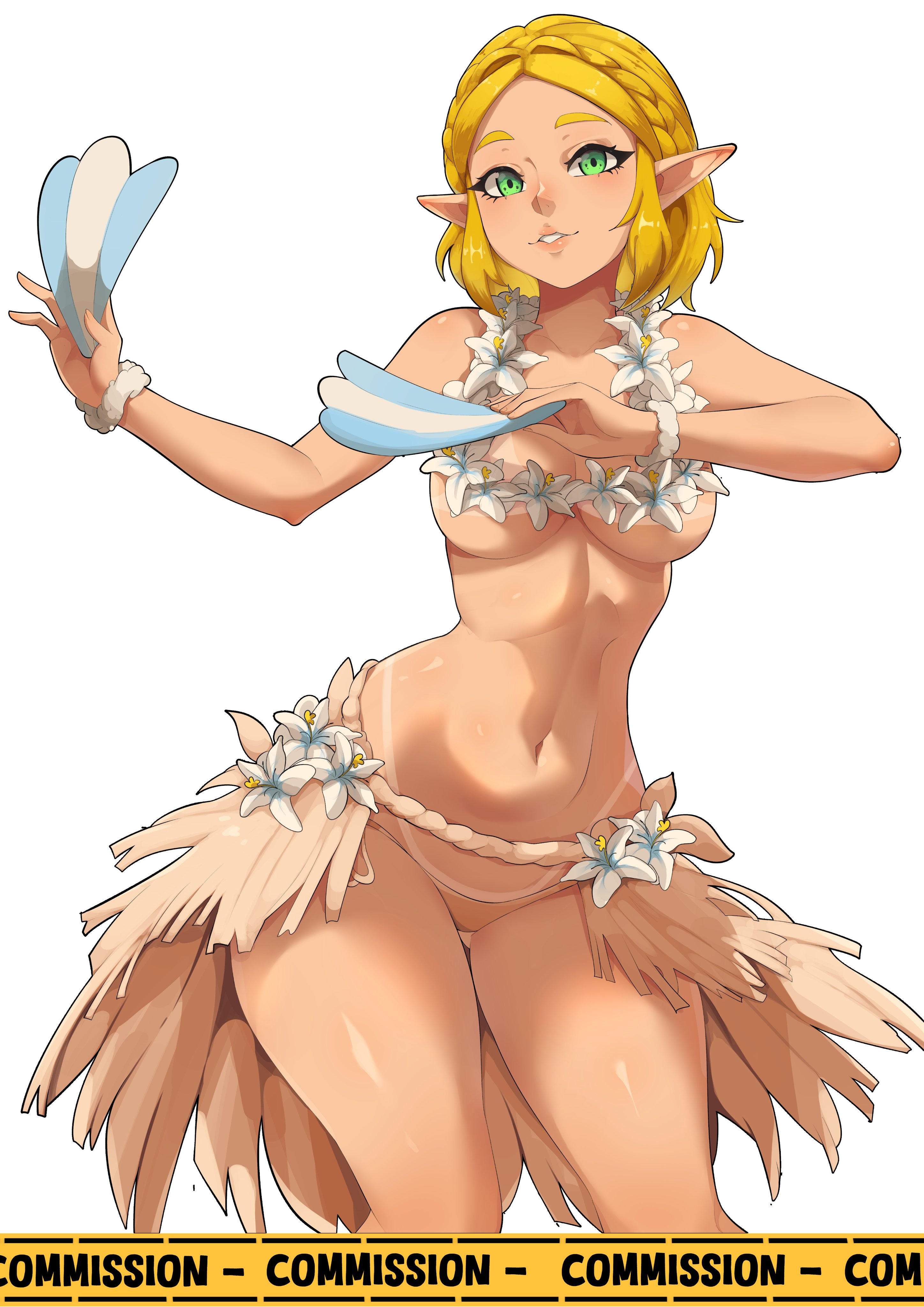 ass, big ass, big breasts, big butt, big thighs, big titties, blue eyes, breasts, covered nipples, curvaceous, curvaceous female, curvaceous figure, curvy, curvy figure, curvy hips, elf ears, female, female focus, female only, hula dancer, misterlmaoo, princess zelda, short hair, tears of the kingdom, the legend of zelda, tubetop, yellow hair, zelda (tears of the kingdom)